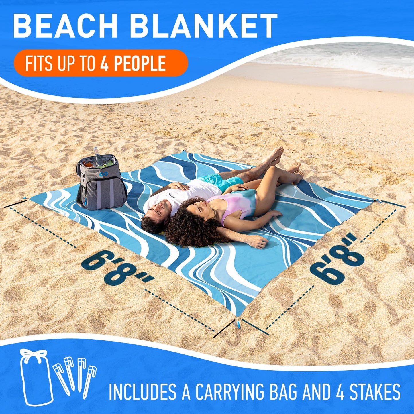 Everlasting Comfort Large Beach Blanket Waterproof & Sandproof - 80" x 80"/ 6.7ft x 6.7ft - Lightweight Picnic Mat, Camping Necessities for 4 People - Accessories for Outdoor Festivals - Blue
