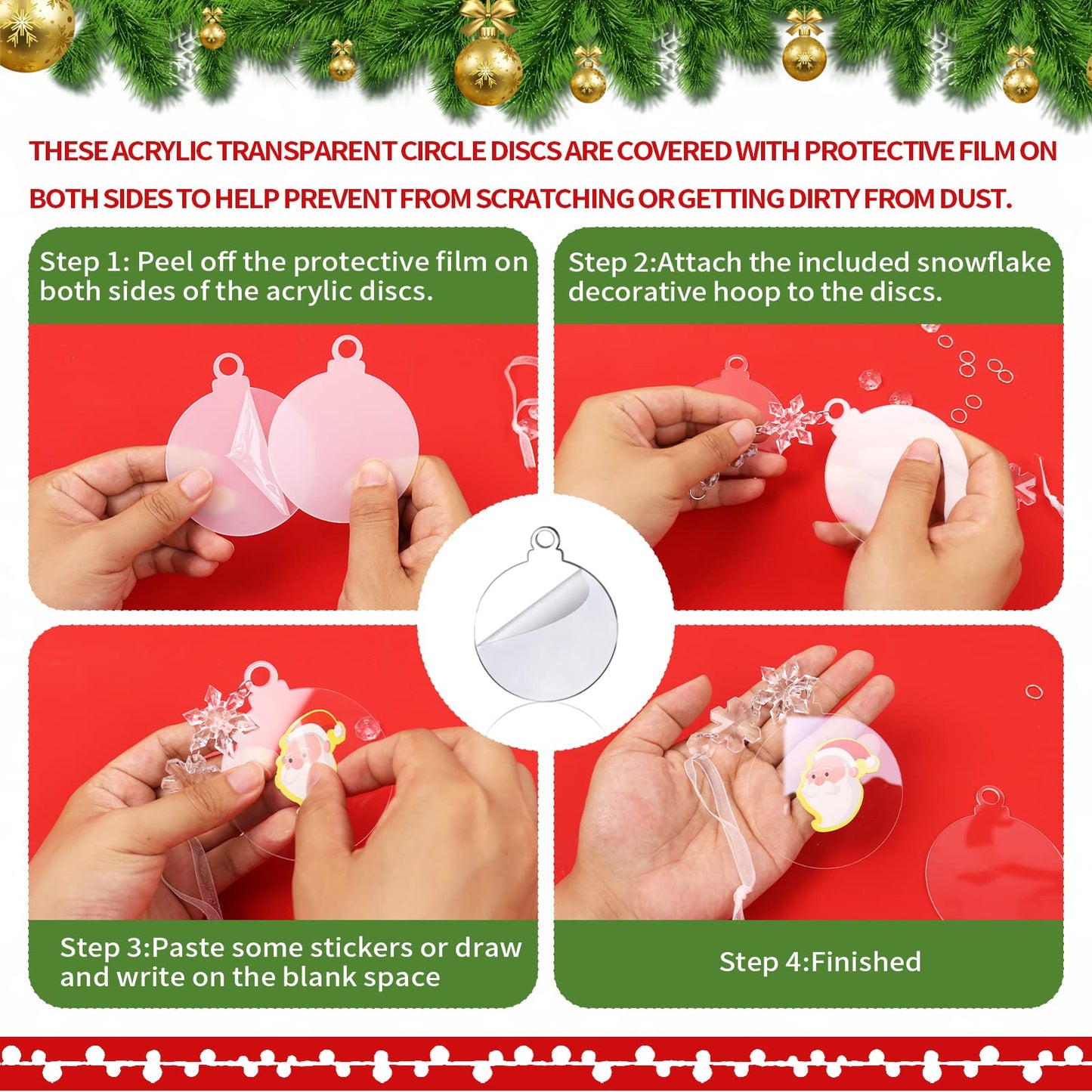24 Pack Christmas Tree Ornaments Set - 3 Inch Clear Acrylic Flat Disc Ornaments DIY Christmas Crafts with Transparent Crystal Snowflakes for Xmas Winter New Year Party Hanging Decorations