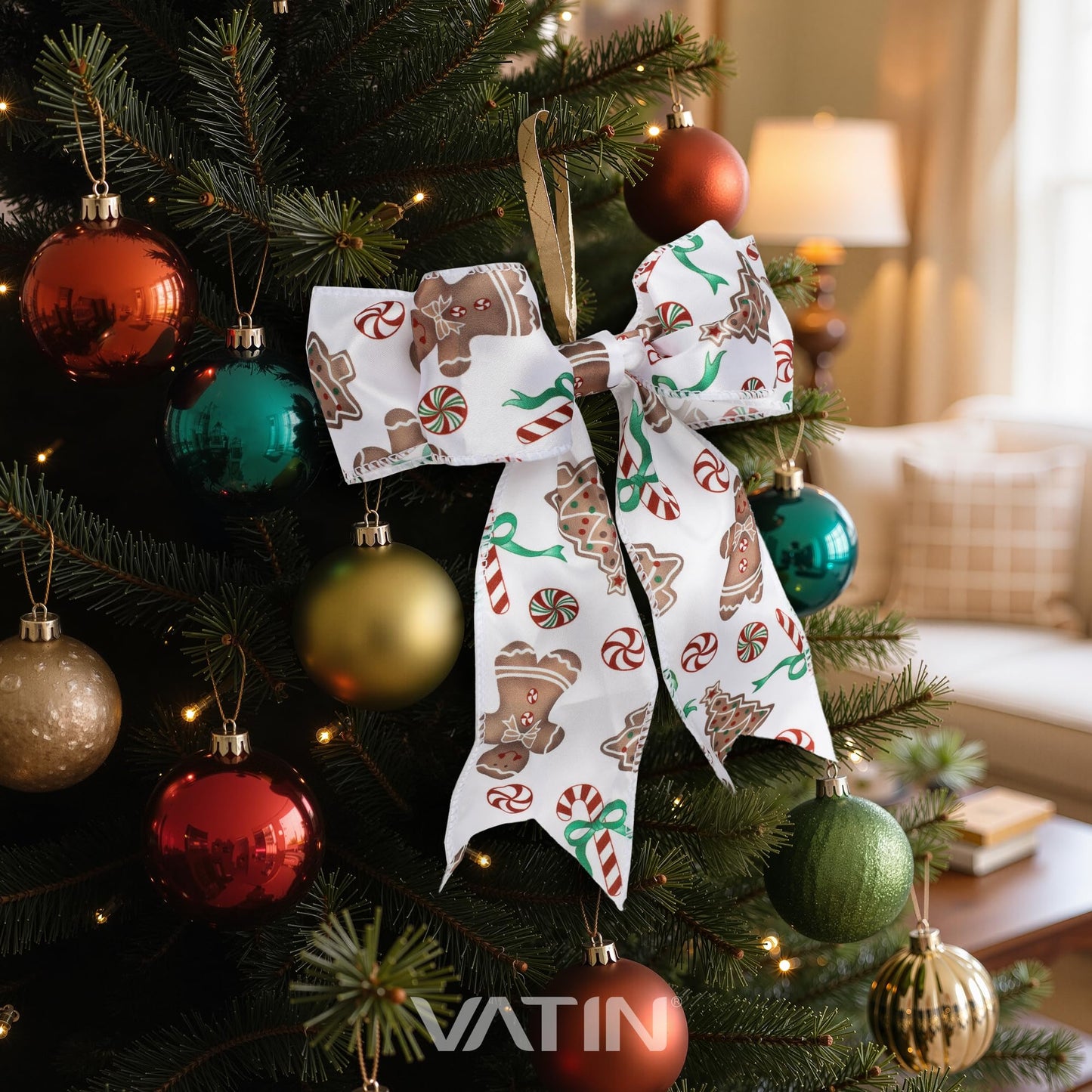 VATIN Stain Ribbon with Gingerbread Man Printed, 2-1/2" x 10 Yards Thick Ribbon for Christmas Holiday Craft, Gift Wrapping,Flower Bouquet