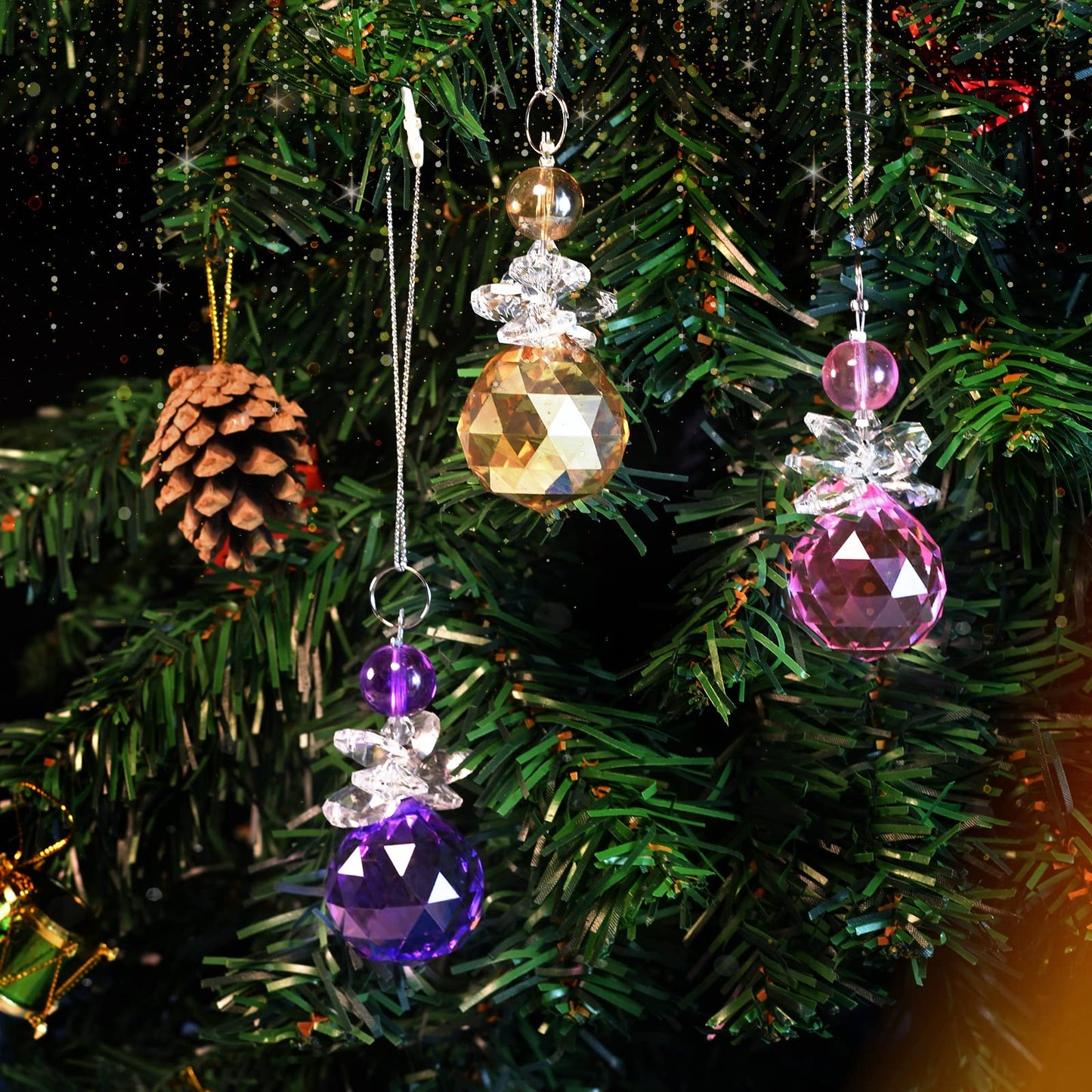 Wongblee 12 Pcs Glass Angel Hanging Ornaments, Multicolor Angels Suncatcher, Crystal Glass Angel Figurines
