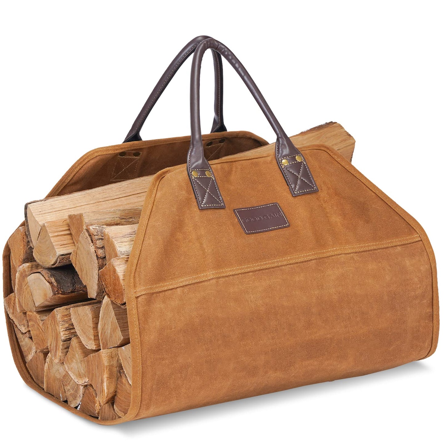 GOOD GAIN Firewood Carrier Waxed Canvas with Faux Leather Handle, Wood Carrier for Firewood, 36x18.5in Heavy Duty Firewood Storage Tote, Fireplace Log Carrier Indoor Bag, Wood Stove Accessories. Khaki