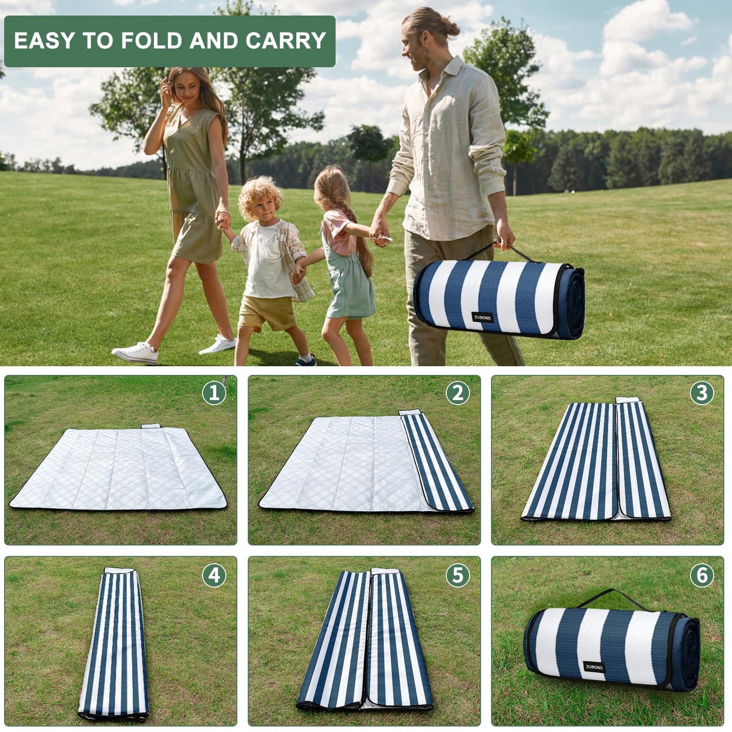 ZUBOND Picnic Blanket 80''x100'', Waterproof Sandproof Beach Outdoor Camping Mat Extra Large Foldable Gingham Big Travel Essential Accessories Gift Park Patio Lawn Garden Grass Ground Music Festival
