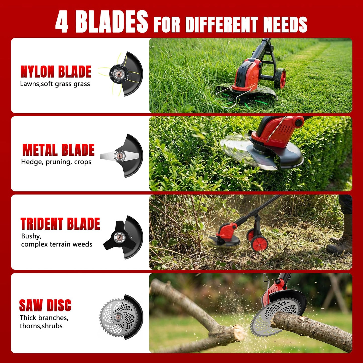 6000mAh Electric Weed Eater Battery Powered,12″ Brushless Electric Weed Wacker Cordless Wheeled String Trimmer,4 in 1 Grass Trimmer/Brush Cutter/Grass Edger/Weed Trimmer 5 Blade, 2 Battery (Red)
