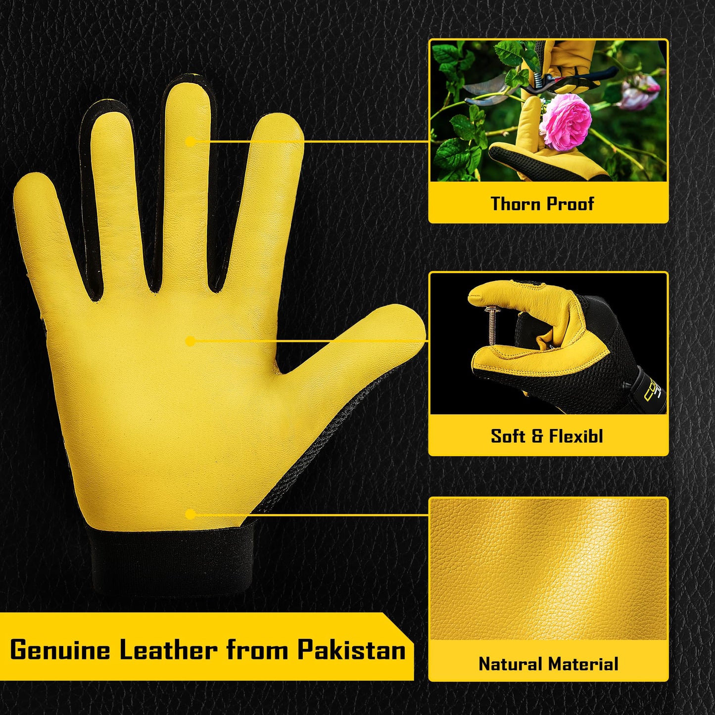 COOLJOB Breathable Mesh Cowhide Leather Work Gloves with Grip, Thorn Resistant Gloves for Gardening Pruning, 1 Pair, M