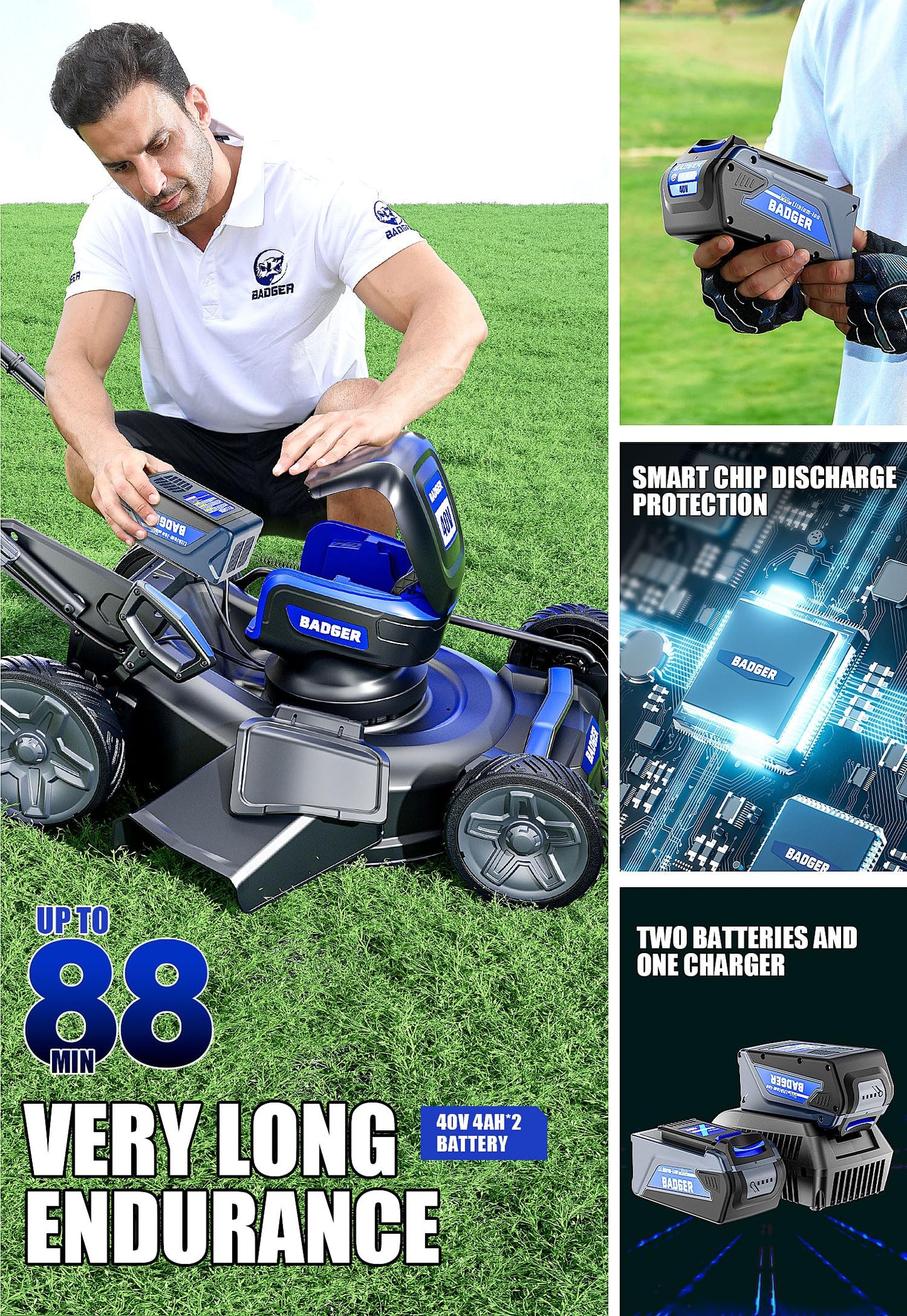 Wild Badger Power 40V 21″ Cordless Lawn Mower Brushless, 6,534 sq ft/0.15 ac, 2×4.0Ah Batteries & Fast Charger, 7-Position Heights,for Medium-to-Large Lawns