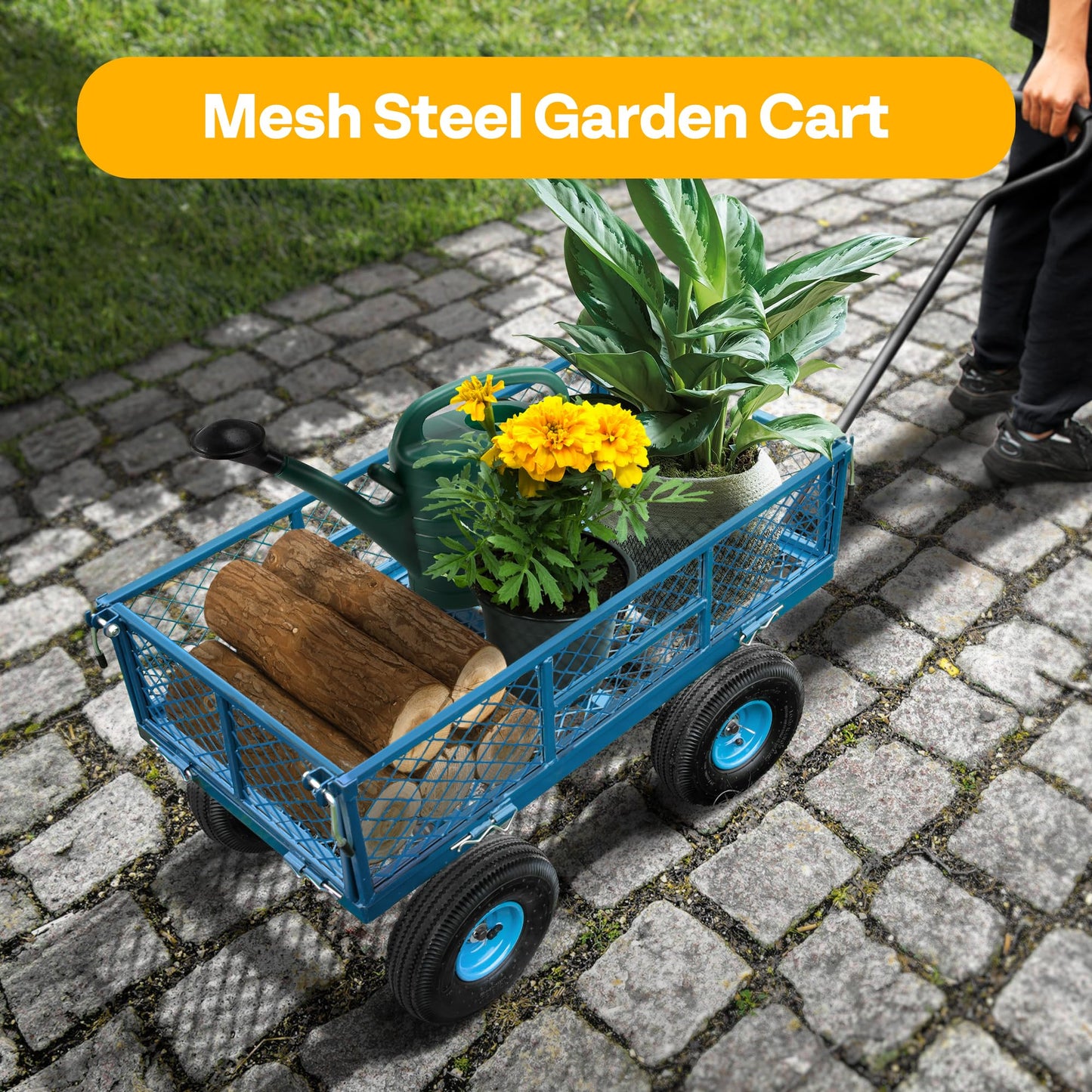 VIVOHOME Heavy Duty 880 Lbs Capacity Mesh Steel Garden Cart Folding Utility Wagon with Removable Sides and 4.10/3.50-4" Wheels 10 inch Tire (Blue)