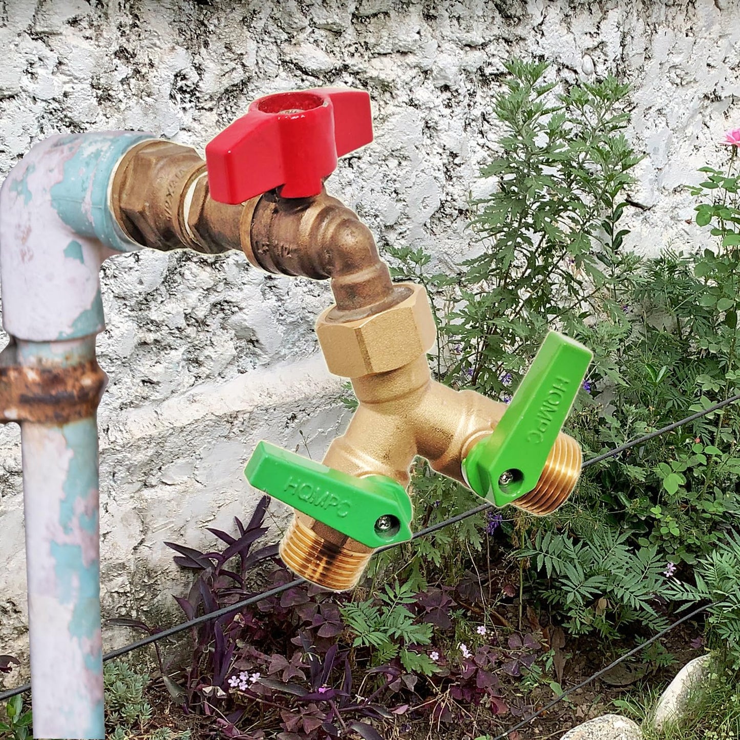 HQMPC Garden Hose Y Valve Splitter With Metal Long Handle Brass Hose Splitter Big Water Flow Hole- Spigot Splitter 2 way 3/4" GHT Thread