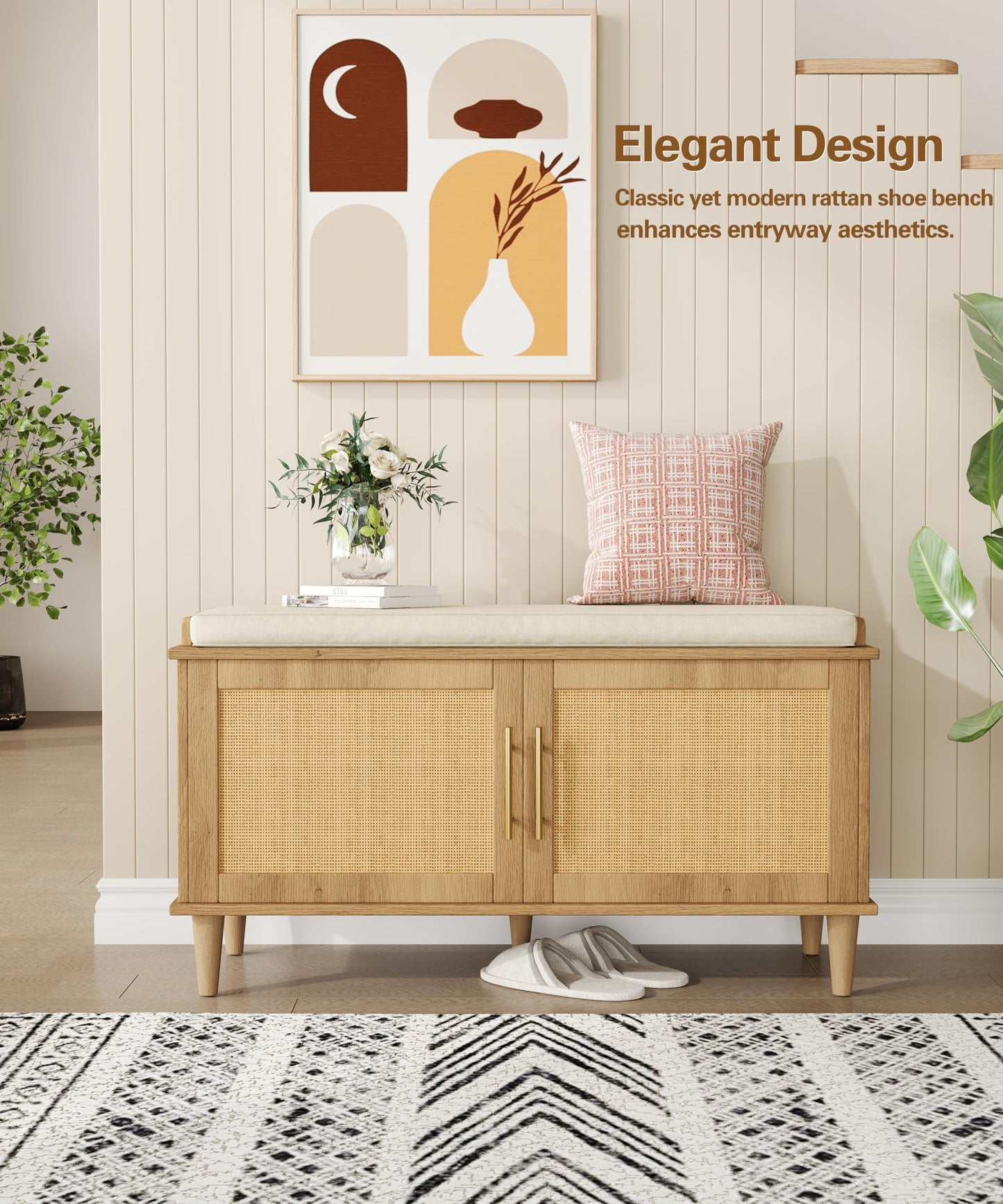 Akxomel Rattan Shoe Storage Bench with Cushion, 2-Tier Entryway Bench with Adjustable Shelves and 2 Doors, 15" D x 39.4" W x 20" H, Solid Wood Legs, for Hallway, Living Room, Bedroom, Natural Oak