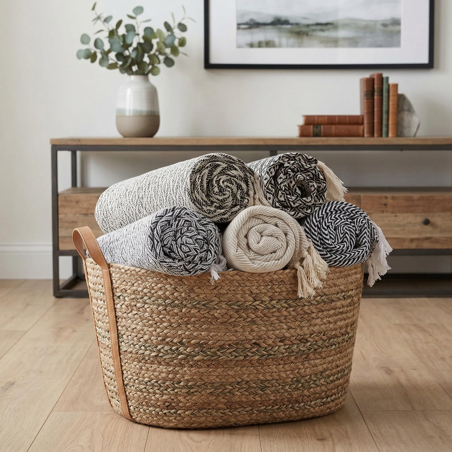 Americanflat 50x60 Throw Blanket - Soft and Breathable Cotton Throw Blanket for Couch, Bed, Chair - Decorative Blankets Perfect for Home, Office, or Outdoor Use - Sage and Beige Herringbone Design