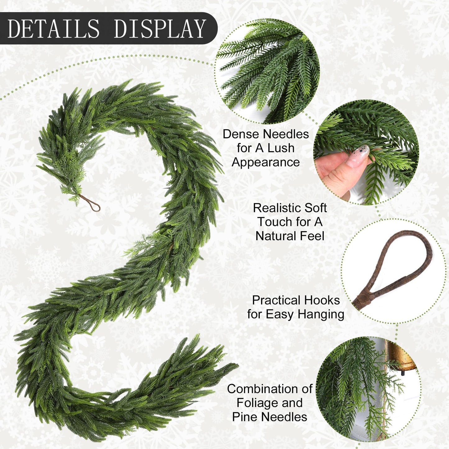 Fovths 9 Ft Christmas Garlands with Lights and Bells Real Touch Norfork Pine Garland Artificial Greenery Garlands for Christmas Mantle, Table Indoor Outdoor Decorations, Green