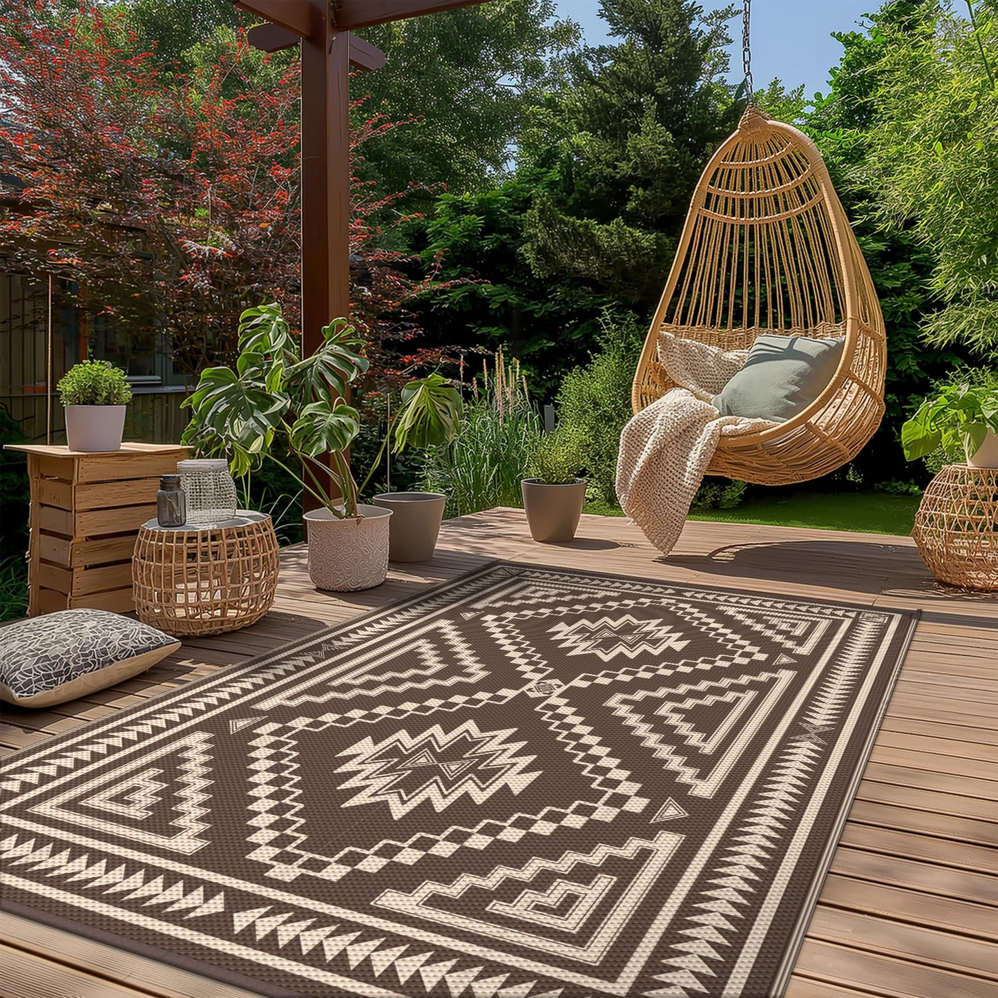 GENIMO Outdoor Rug for Patio Clearance - 8x10 ft Waterproof Plastic Camping Rugs, Reversible Outside Rv Mat Carpet for Porch, Deck, Picnic, Balcony, Beach, Backyard, Coffee Beige