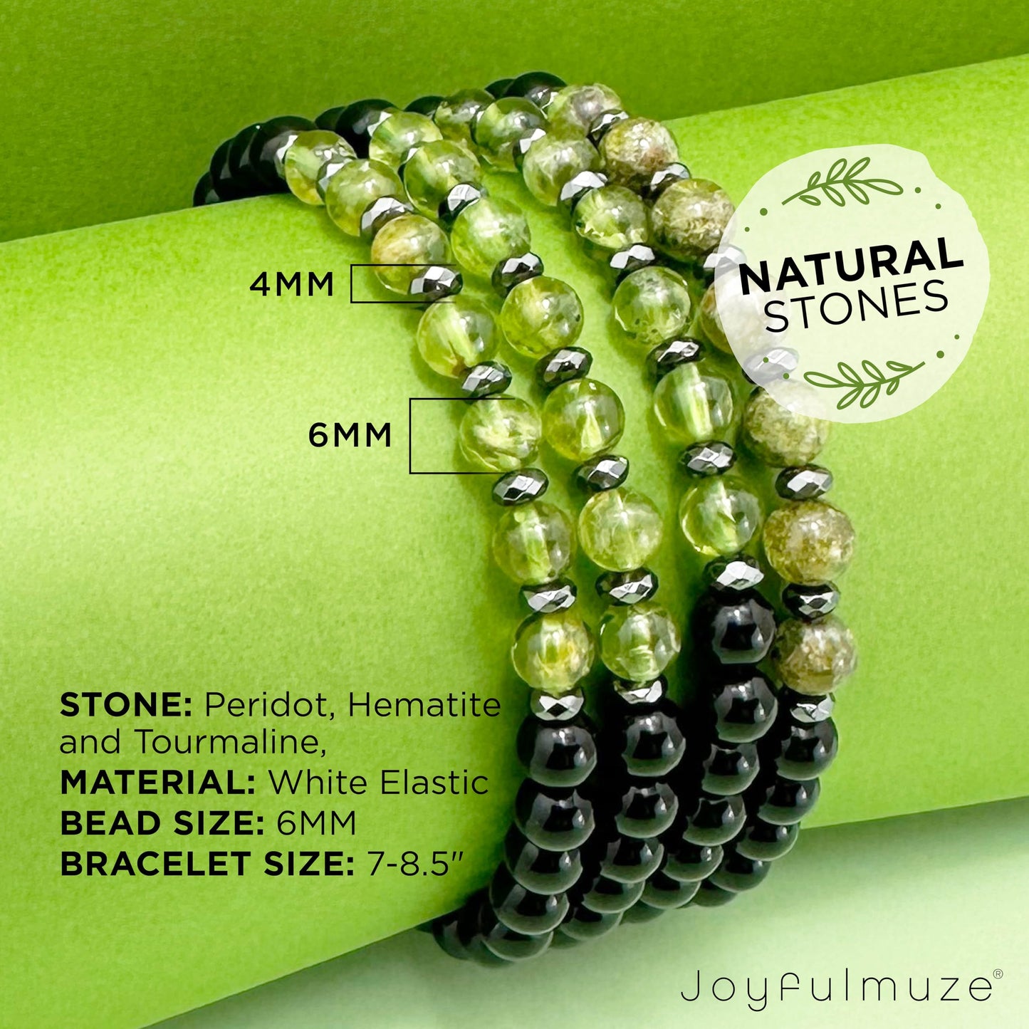 Joyfulmuze Men Gemstones Stretch Bracelet, Peridot Hematite Black Tourmaline, Handmade Spiritual Jewelry for Men, Natural Black Green Gems, Healing Chakra Bracelet, Fits 7-8.5" (peridot tourmaline)