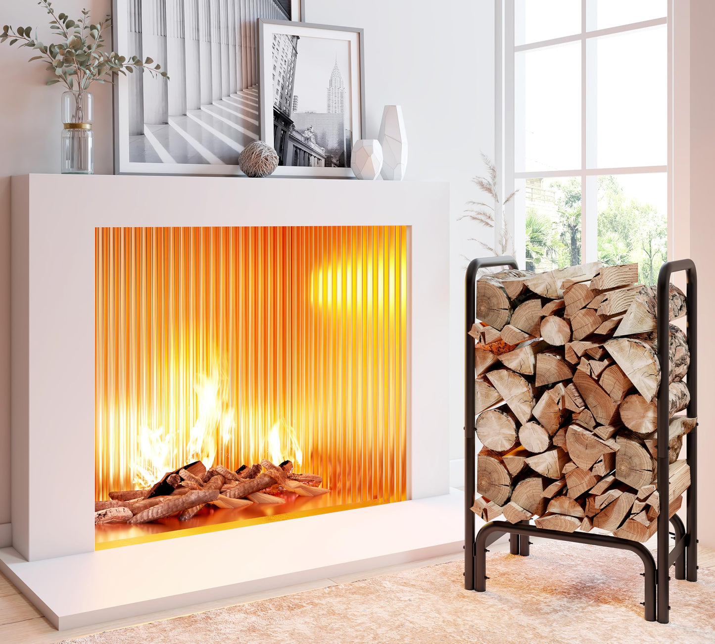 Kingson Firewood Rack Log Holder for Indoor Outdoor Fireplace Black Detachable Firewood Storage Log Storage Holder