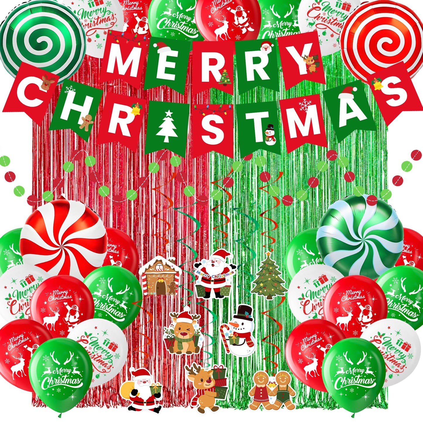 Christmas Party Supplies Decorations Set, Merry Christmas Banner, Foil Balloons, Hanging Swirls, Red and Green Metallic Fringe Curtains, Circle Dots Garland