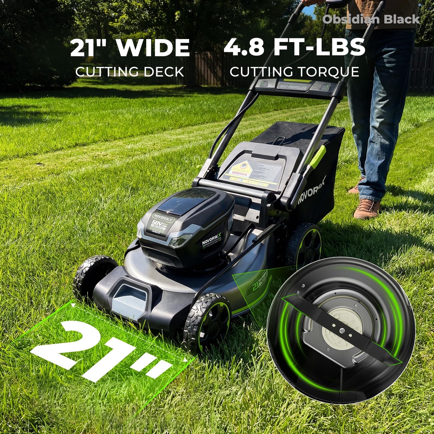 NovorikX 60V 5Ah Self-Propelled Electric Cordless Lawn Mower with 5.0Ah Battery 21-Inch, Brushless Mower for Large Yards, LED Headlight, Rapid Charger 3-in-1 Versatility Obsidian Series