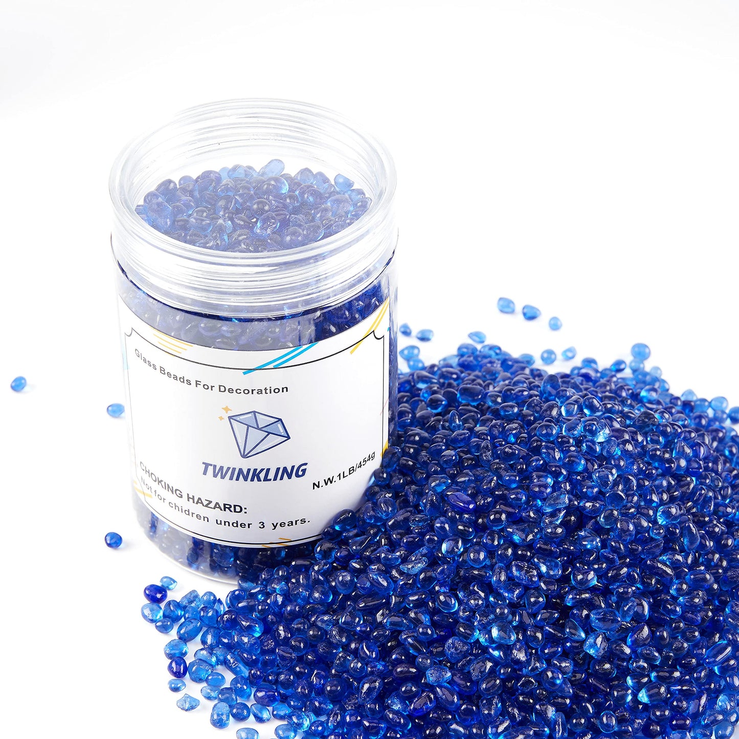TWINKLING High Luster Round Fire Glass Stones,Glass Marbles Pebbles,Glass Beads Gems for Fire Pit Vase Fillers Crafts Aquarium Garden Decoration,3-6mm,1-Pound Jar (Cobalt Blue)