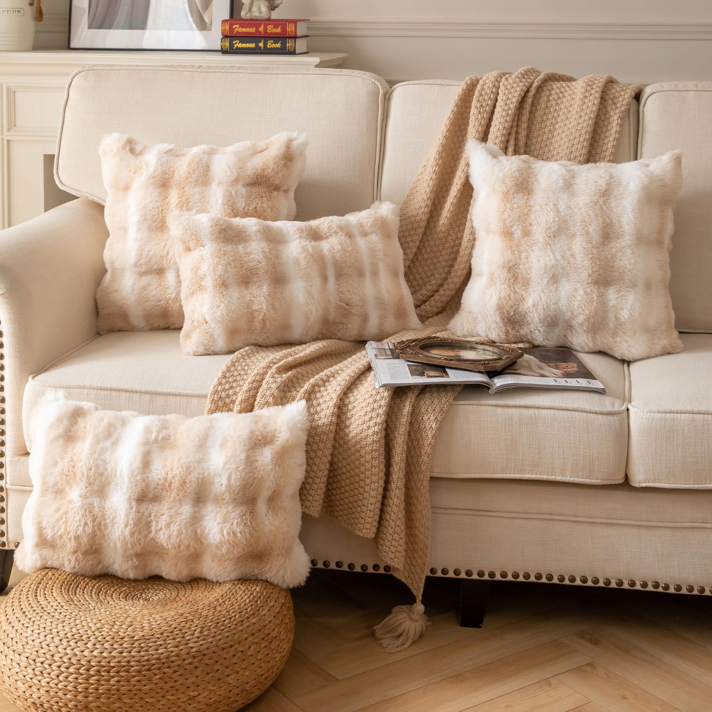 Joyouth Pack of 2 Thick Plush Throw Pillow Covers Fluffy Wave Faux Fur Decorative Cushion Covers Soft Wool Pillowcase for Sofa Couch Livingroom 18x18 Inch White Beige