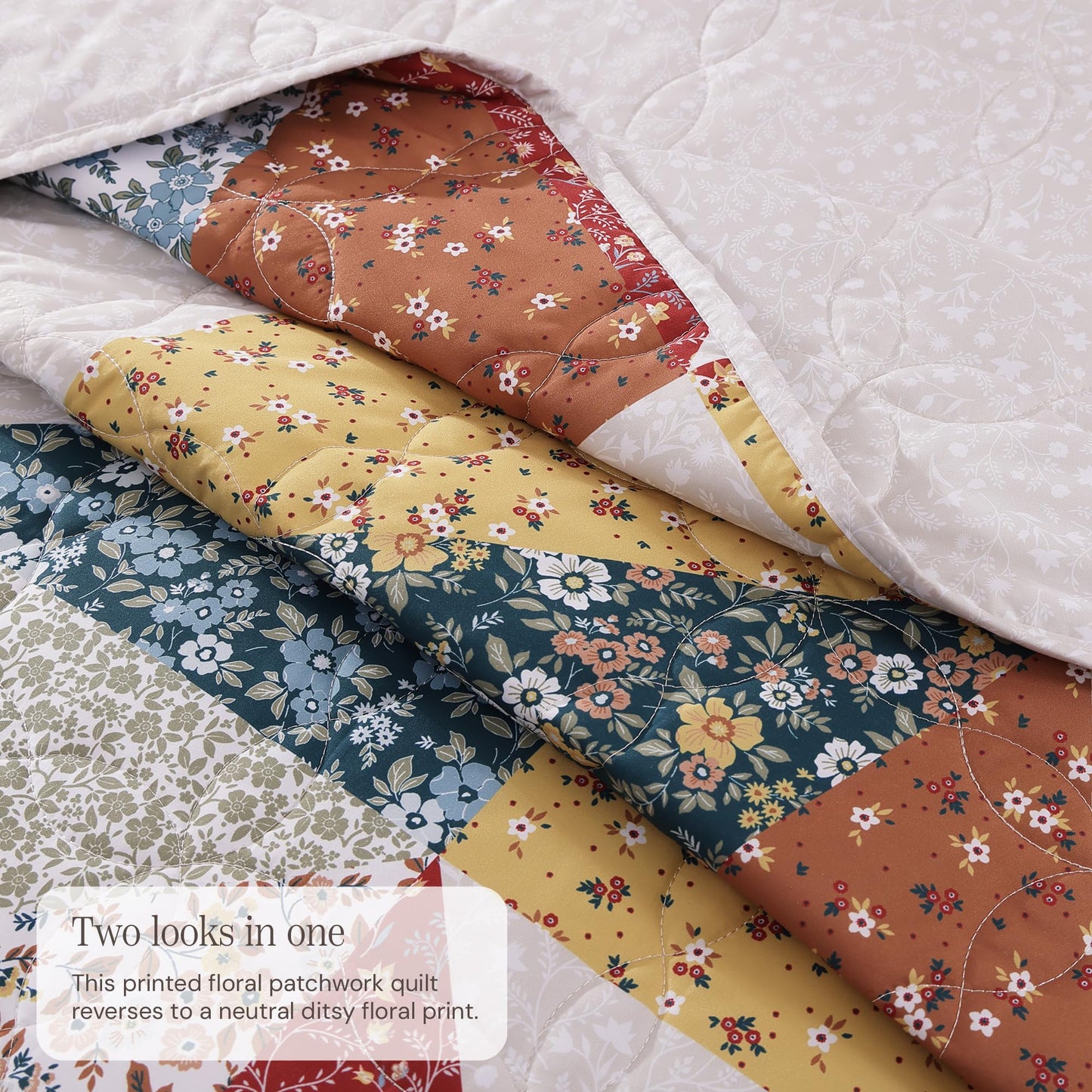 BLOOMHAVEN Quilt Set Queen Size, Patchwork Burnt Orange Floral Quilt Sets, Reversible Bedspread Lightweight and Breathable for All Seasons, Soft Quilted Bedspread with 2 Pillow Shams