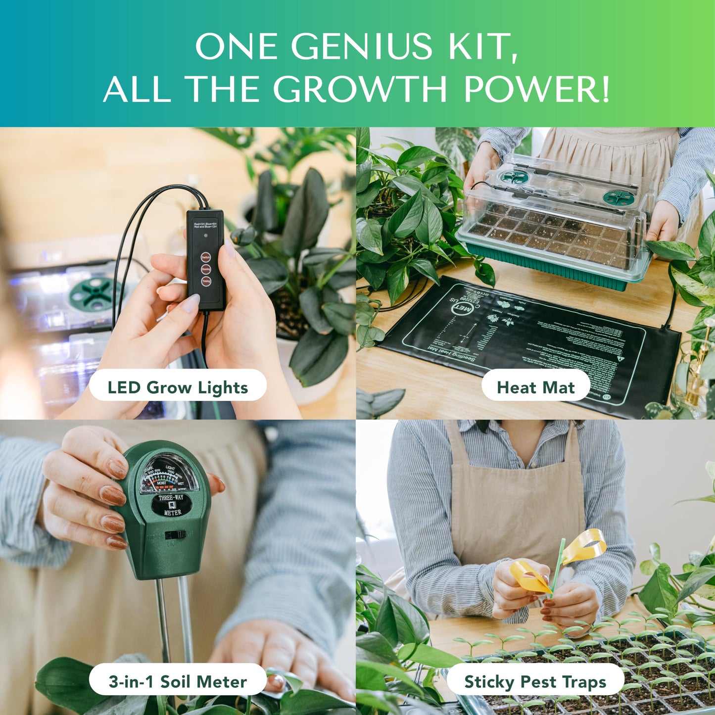 GROWFRIEND Seed Starter Kit with Grow Lights & Heat Mat – 40-Cell Seed Starter Tray, Humidity Dome, Soil Moisture Meter & Sticky Gnat Traps – Indoor Greenhouse & Plant Propagation Station