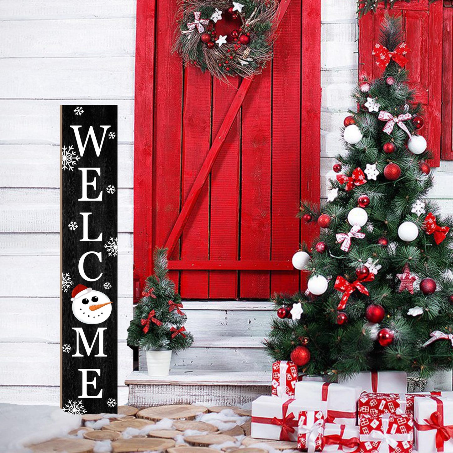 Winter Welcome Sign Vertical Porch Sign with Snowman and Snowflakes Black Wood Outdoor Christmas Holiday Decor for Home Outdoor Yard Party