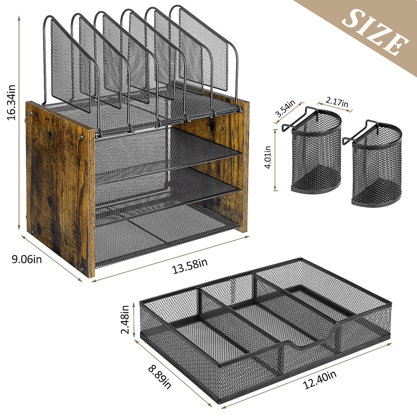 DAOUTIME 4-Tier Mesh Desk Organizer, Wooden Desk File Organizer with 5 Vertical File Holders and 2 Pen Holders, Desktop Organizers and Accessories with Drawer for Home Office