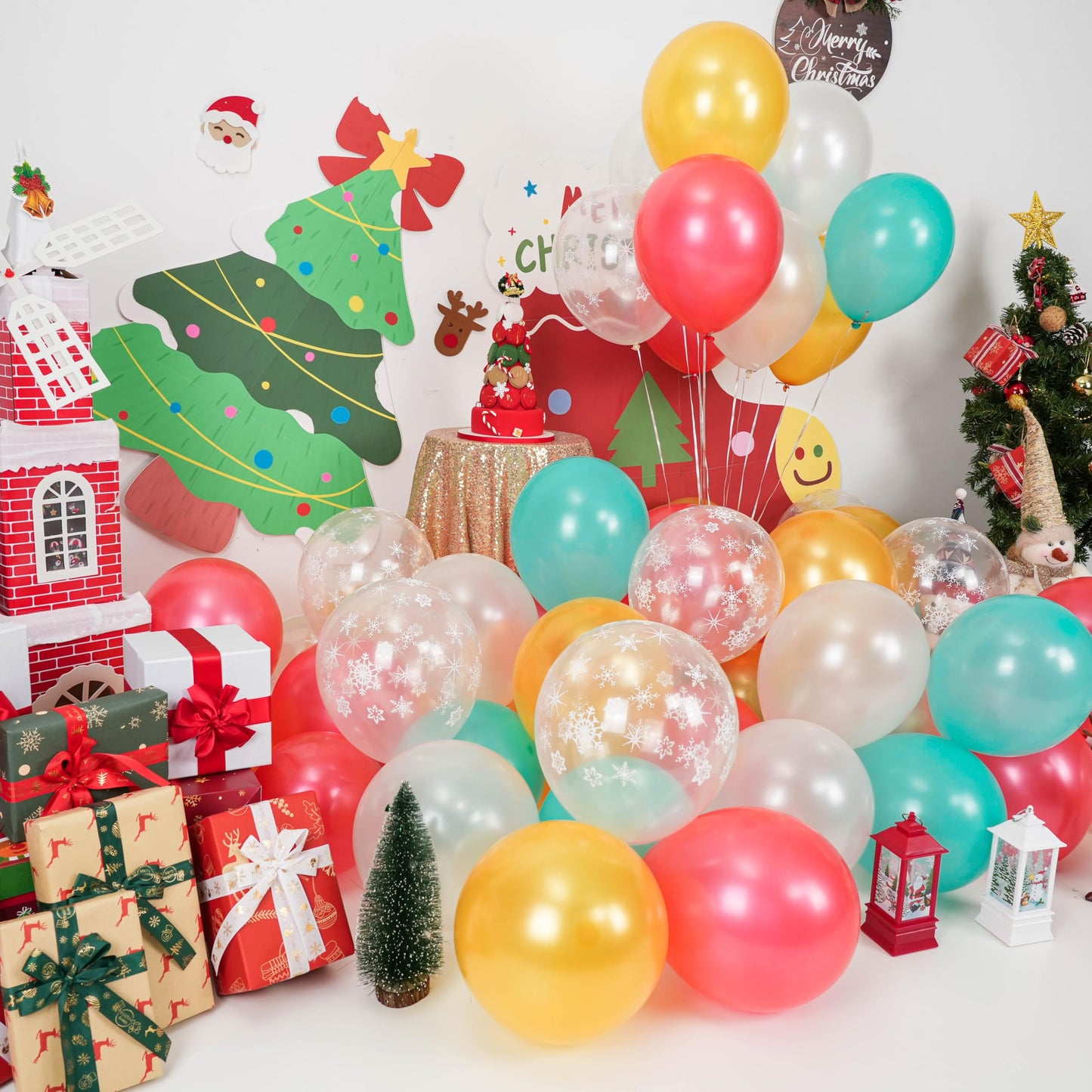 Christmas Balloons, Pearl Red Gold Teal Blue Balloons with Snowflake Print Balloon, Pearl White Gold Xmas Party Latex Balloon for Christmas Birthday Winter New Year Party Decorations Supplies