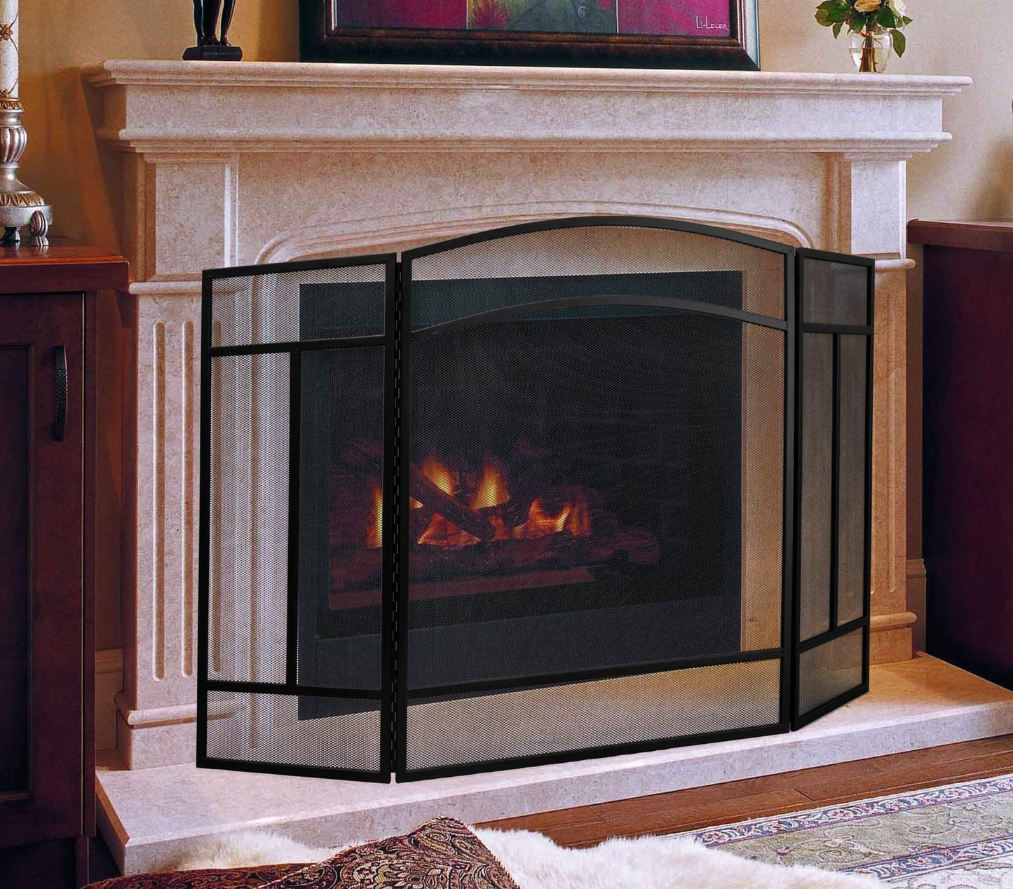 Fire Beauty Fireplace Screen 3 Panel Wrought Iron 48"(L) x 29"(H) Spark Guard Cover(Black)