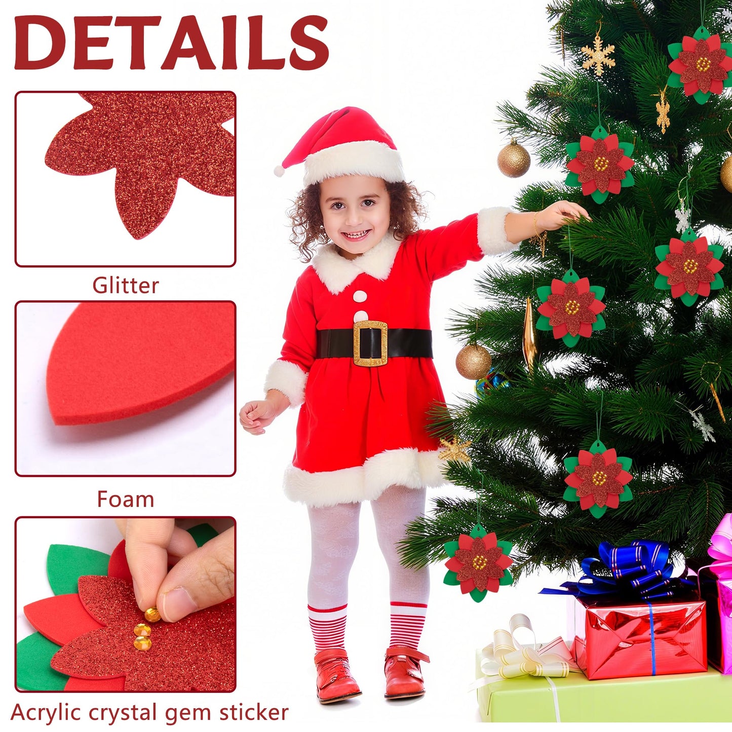 LFUTARI 15 Pcs Christmas DIY Poinsettia Flowers Craft, Foam Poinsettias Flower Ornaments, Christmas Glitter Red Flowers DIY Decoration for Holiday Home Party Tree Garland Wreath Porch Stair Decor