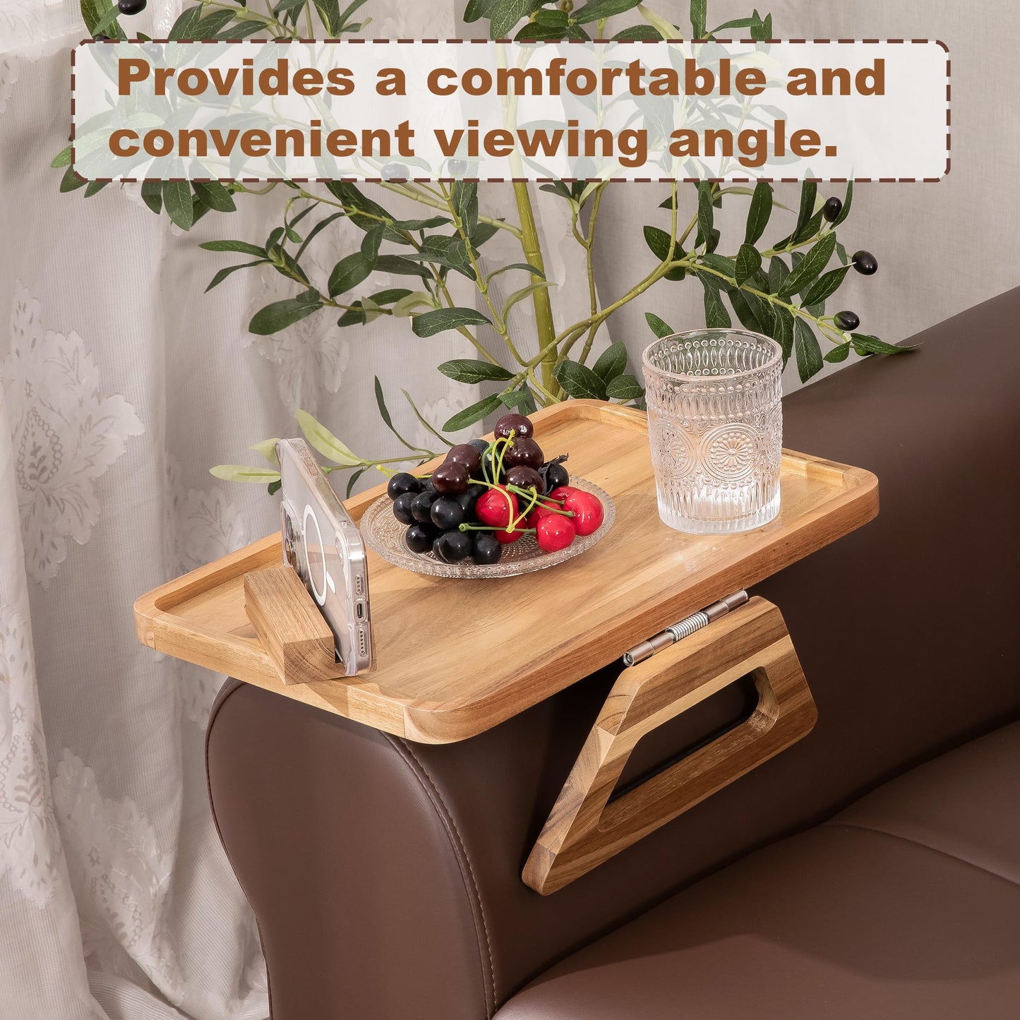 VICTORY RELAX Acacia Wood Arm Table (15.35" D x 9.8" W x 5.7" H), Couch Arm Tray for TV Dinners, Remote, Foldable Armrest Organizer, Rectangular Sofa Armrest Tray - Light Natural