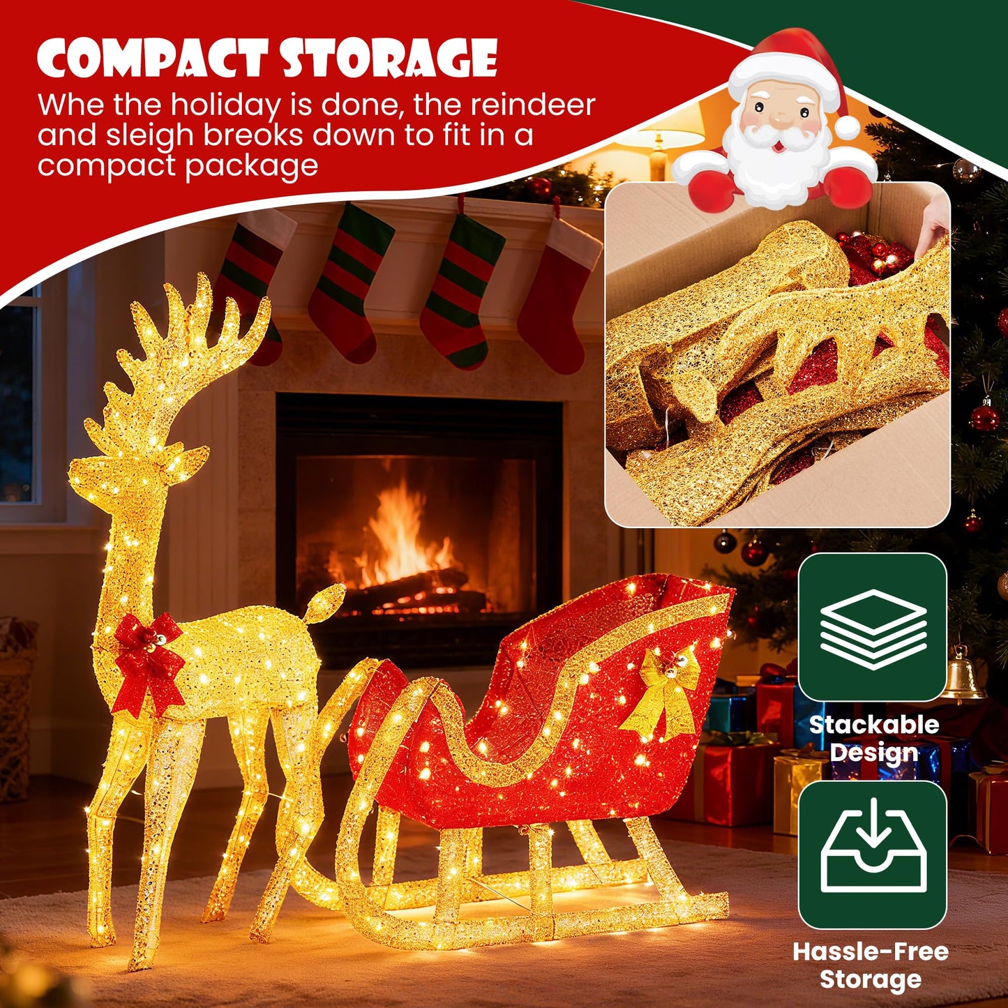 Sweetcrispy 4 FT Lighted Christmas Reindeer & Santa Sleigh Set, Family Outdoor Indoor Xmas Pre-Lit Yard Decoration w/ 180 LED Lights, Holiday Deer & Sled for Garden Lawn Patio Display, Gold-Red