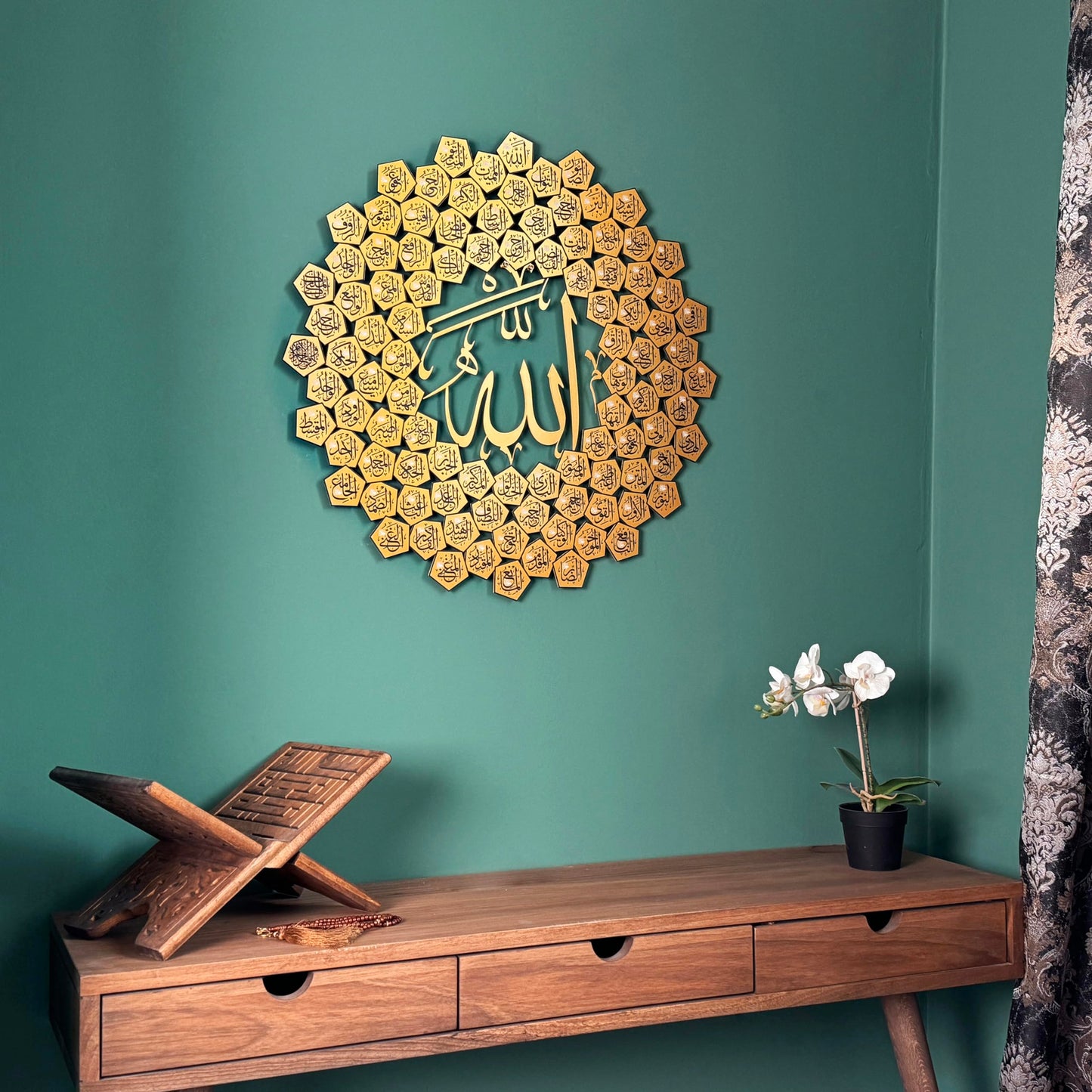 iwa concept 99 Names of Allah Asma-ul Husna, Islamic Wall Art, UV Printed Metal Wall Decor, Islamic Calligraphy, (Small, Gold)