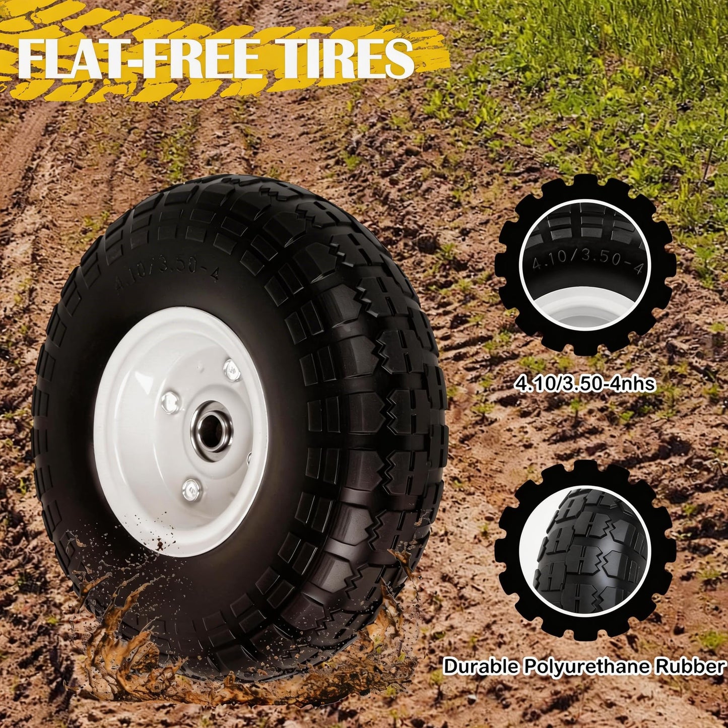 4.10/3.50-4 Tire and Wheel Flat Free, 10" Solid Tire 220LB Capacity Each, with 5/8" Bearings and 2.1" Offset Hub, for G orilla Cart, Garden Cart, Trailer, Dolly, Hand Truck, Wagon, 4 Pack, Silver