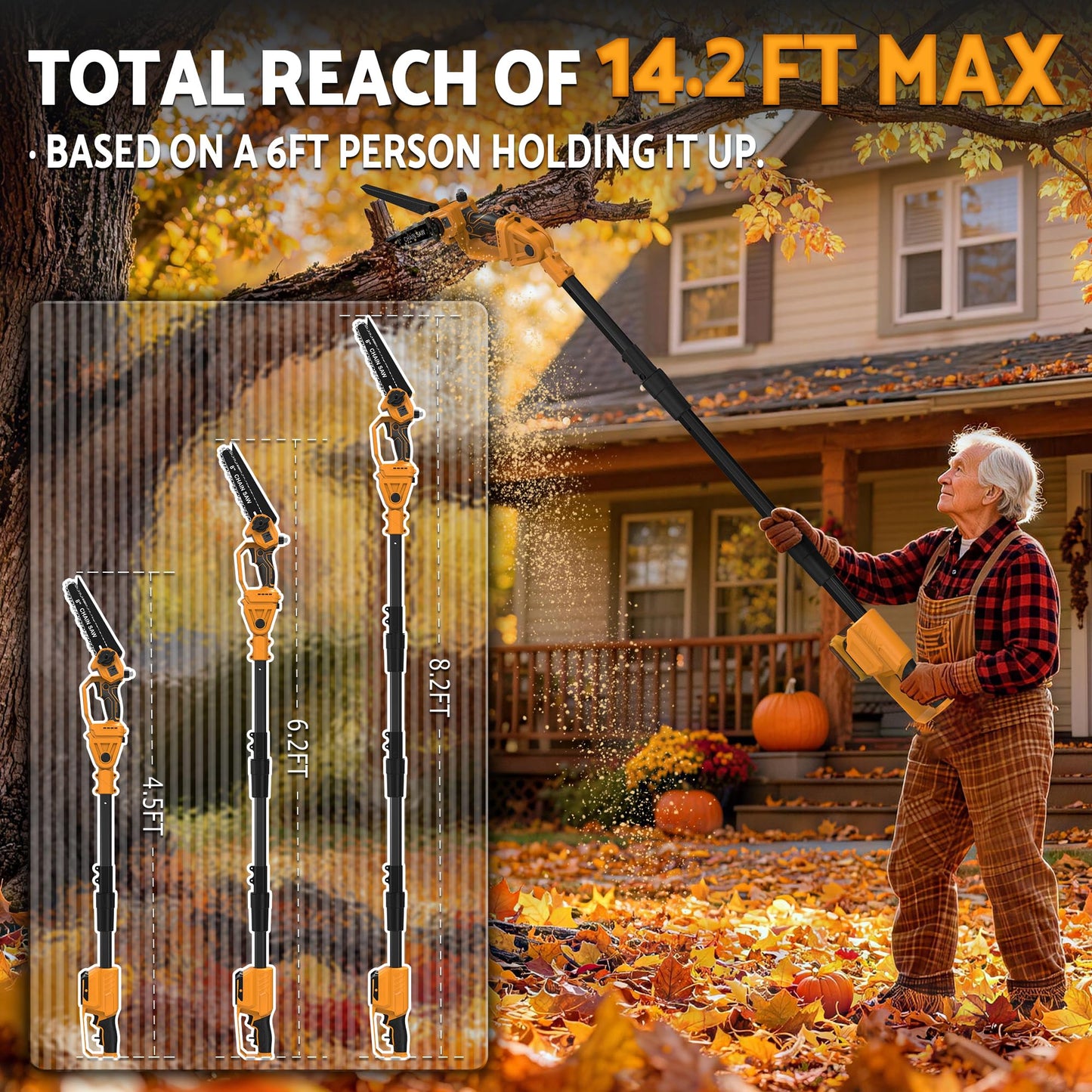 8 Inch Cordless Pole Saw Compatible with Dewalt 20V Battery, Brushless Mini Chainsaw with Extension Pole 14.2 FT Max, Pole Saws for Tree Trimming, 20 FT/S Cutting speed Auto Lubrication System