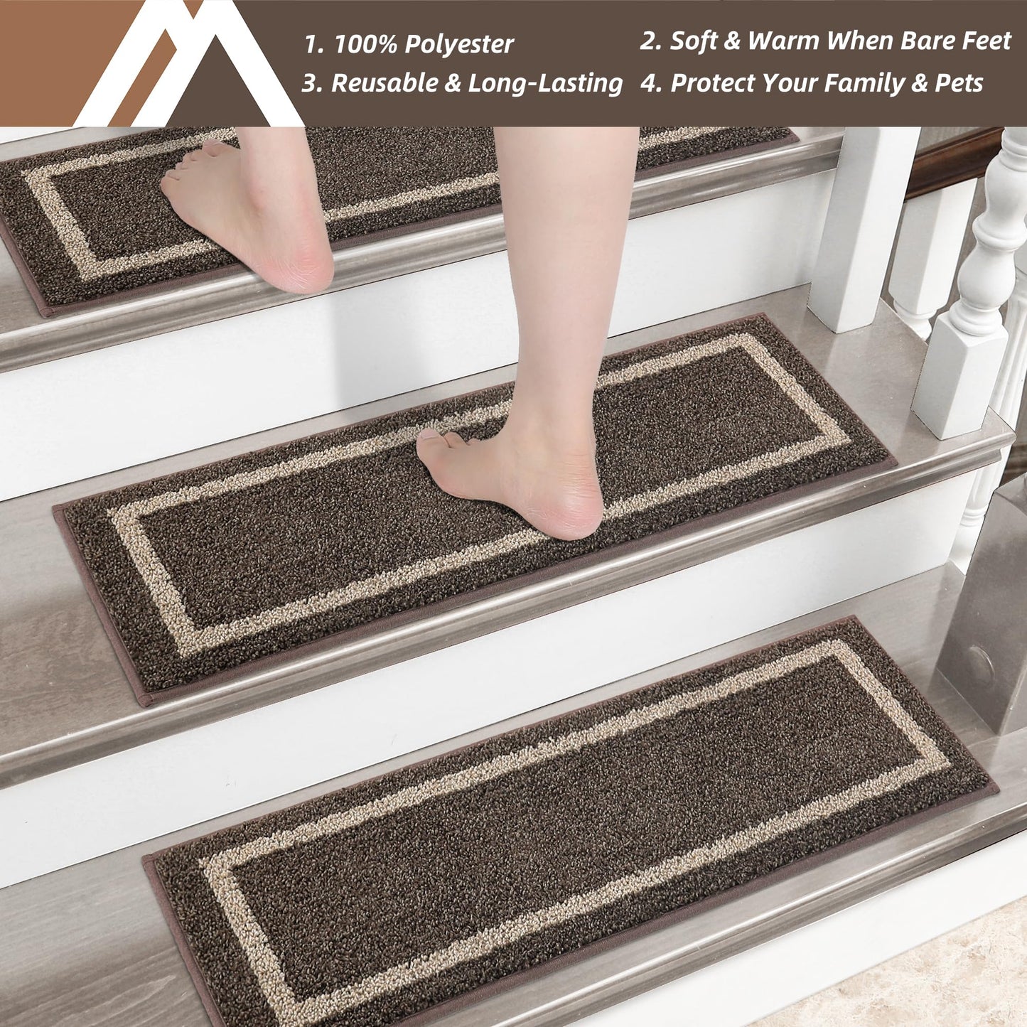 COSY HOMEER Soft Stair Treads Non-Slip Carpet Mat 28inX9in Indoor Stair Runners for Wooden Steps,Stair Rugs for Kids and Dogs, 100% Polyester TPE Backing 10pcs,Brown