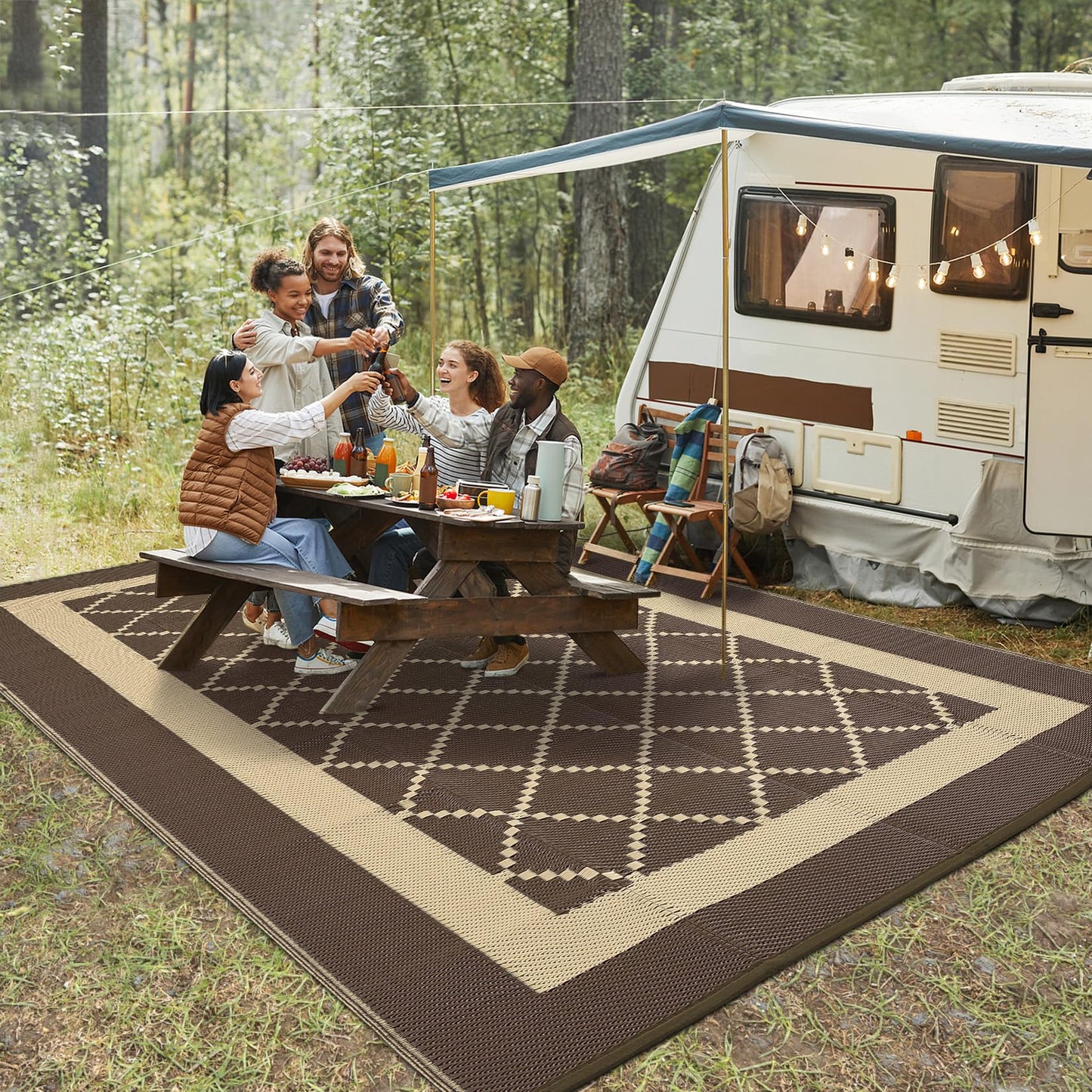 IDEALHOUSE Outdoor Rug, 320GSM PP Plastic Straw Mat, Modern Cross Grid Pattern, Waterproof Breathable Floor Mat, Lightweight Foldable Carpet for Patio Camping RV Backyard, Russet Brown, 9x18ft