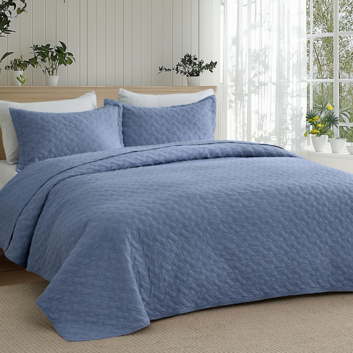 Bedsure Quilts Queen Size - Lightweight Bedspreads Queen Size with Basket Weave Pattern, Soft Quilt Bedding Set, Mineral Blue Comforter Set Coverlet for All Seasons with 2 Pillow Shams (90" x 96")