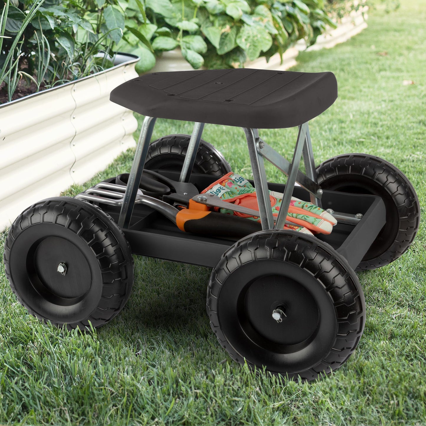 Gardening Stool - Rolling Garden Seat with Wheels and Storage Tool Tray - Garden Cart Scooter - Yard Tools by Pure Garden (Black)