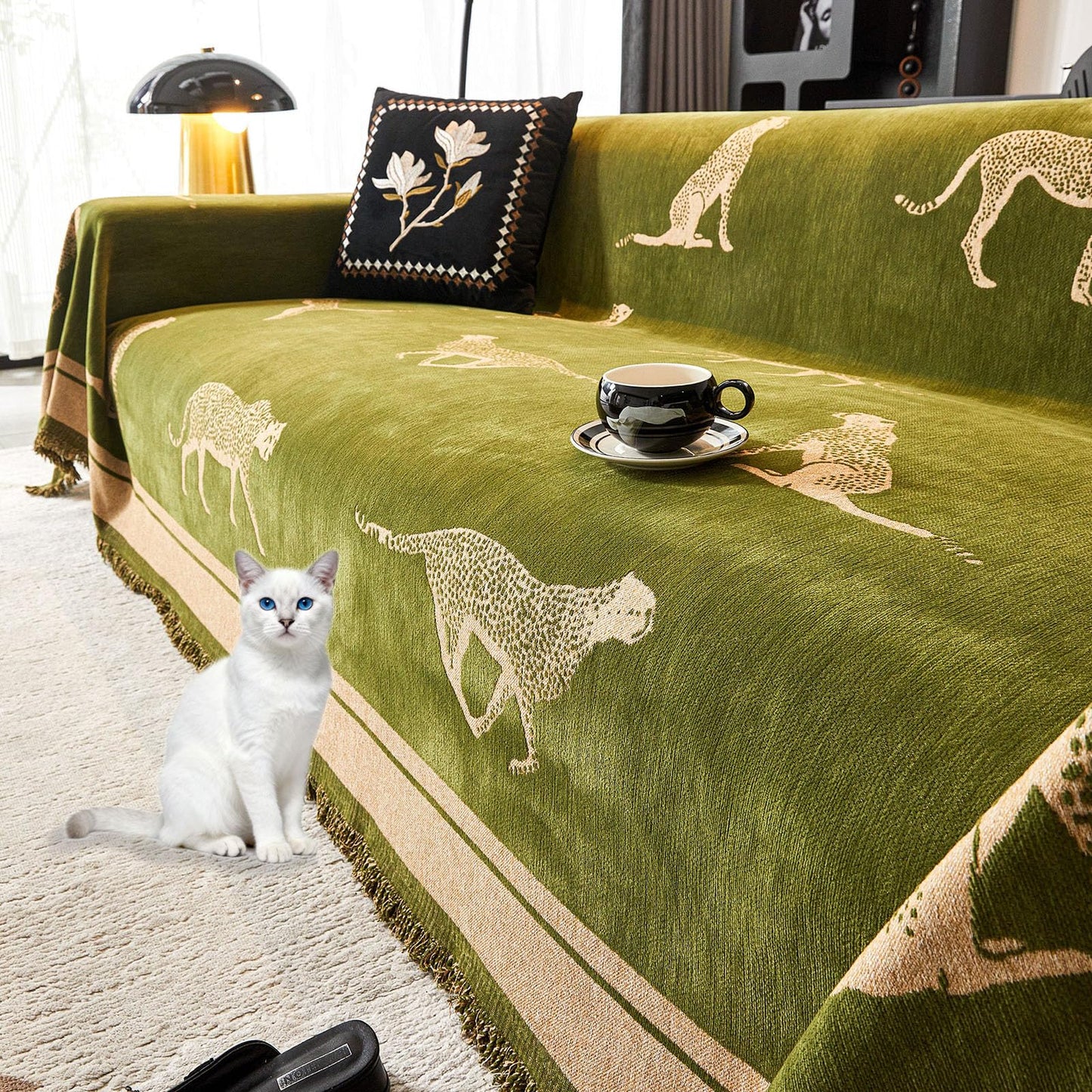 EvaLoome Chenille Sofa Cover with Tassels, Non-Slip Couch Cover for 3/4 Seat Sofas, Washable Furniture Protector for Pets & Kids, Modern Leopard Pattern Chenille Blanket (Green, 71"x165")