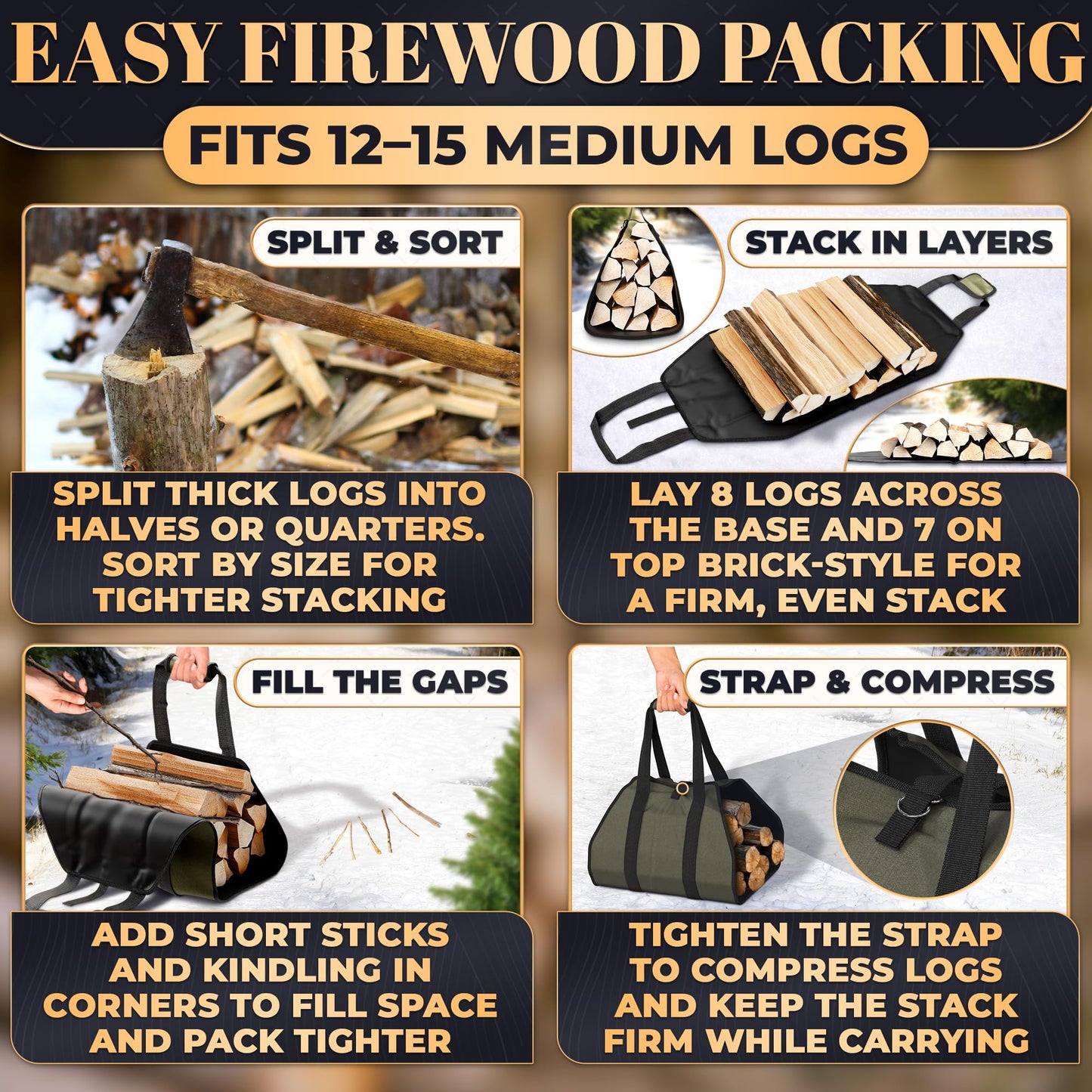 Firewood Carrier Bag 39.4"×18.5" – Waxed Canvas Wood Carrier for Firewood with Reinforced Handles, Hook-and-Loop Grip & Center Strap, Water-Resistant Design with Dust-Blocking Liner | Good for Gifting