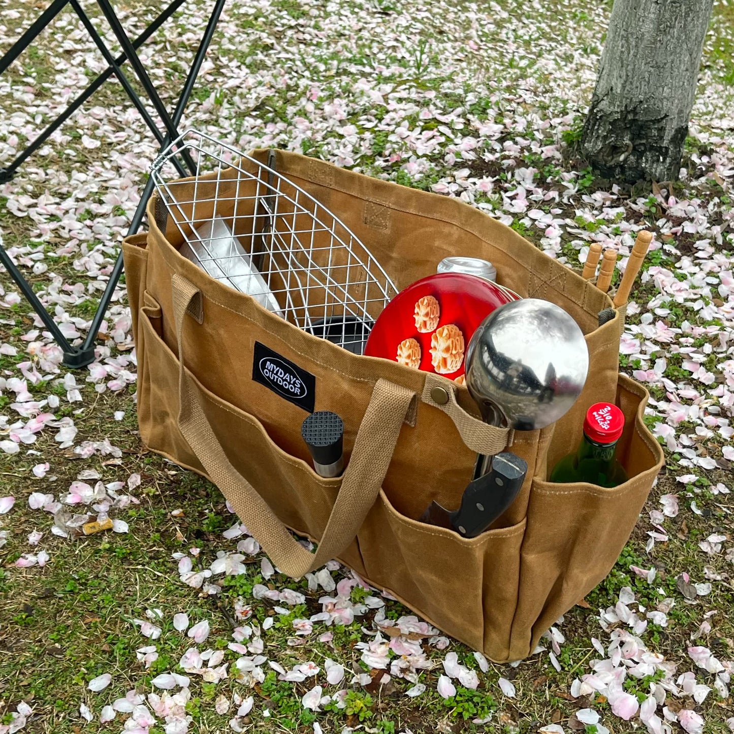 MYDAYS OUTDOOR Portable Garden Camping Tool Storage Bag,Waxed Canvas Firewood Carrier Tote bag,Collapsible Sturdy Garden Basket Great for Women, Gardener, Electrician, Repairer (Khaki)