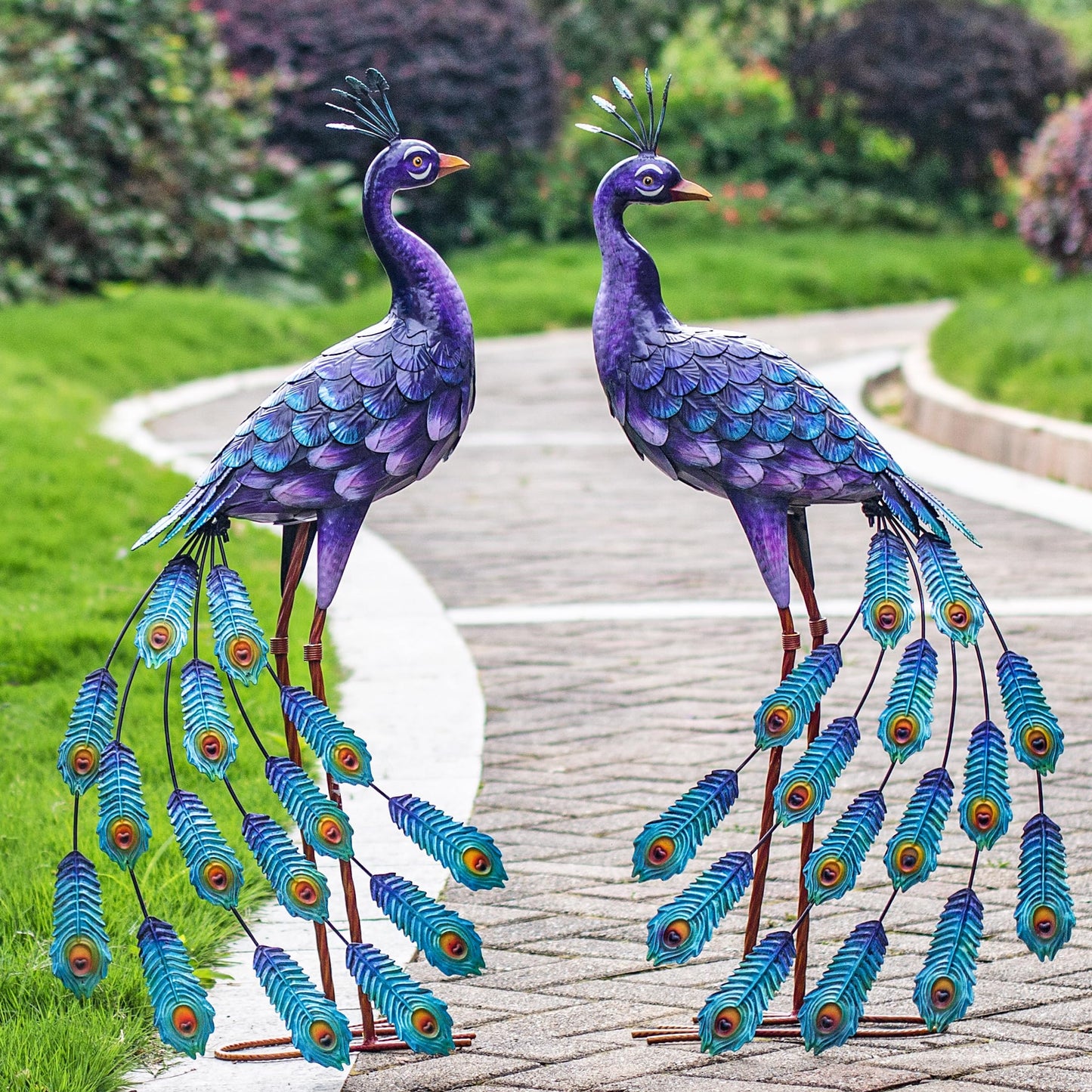 Kircust Purples Peacock Garden Statue and Sculpture, Metal Peacocks Yard Art Lawn Decor, Large Birds Garden Sculptures & Statues for Patio Backyard Pond Home Decoration