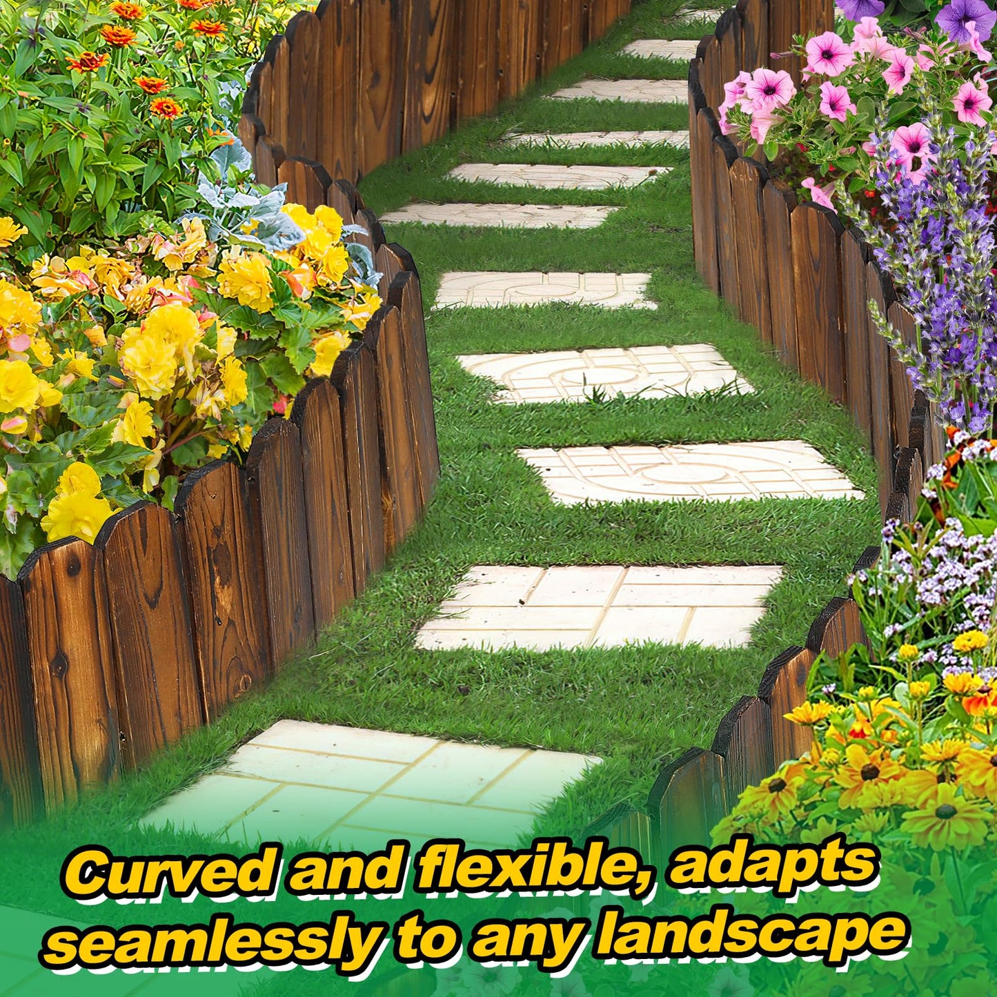 Rustic Pine Wood Garden Fence - 13.2ft Total Length (2pcs 6.6ft L*12in H) Easy to Install Sturdy Wooden Landscape Edging Border, No Fading Planter Fencing for Yard Flower Bed Lawns Pathway Tree