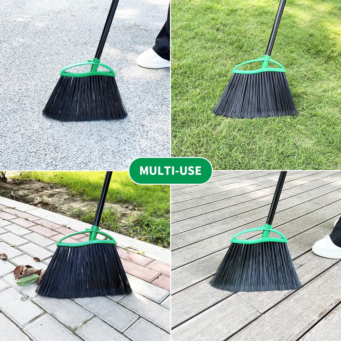 HileSwan 2 Pack Heavy Duty Brooms, 55" Long Handle Indoor Outdoor Angle Broom Set, Household Commercial Floor Cleaning, for Sweeping Home, Kitchen, Deck, Garage, Patio - Green
