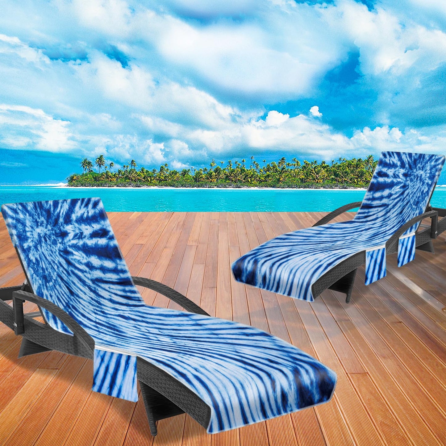 Lounge Chair Towel Cover (Pack of 2), Tie Dye Style Chaise Lounge Cover, Beach Chair Covers with Pockets for Pool Beach Garden Courtyard Outdoor Trips, 85 x30 in, Royal Blue