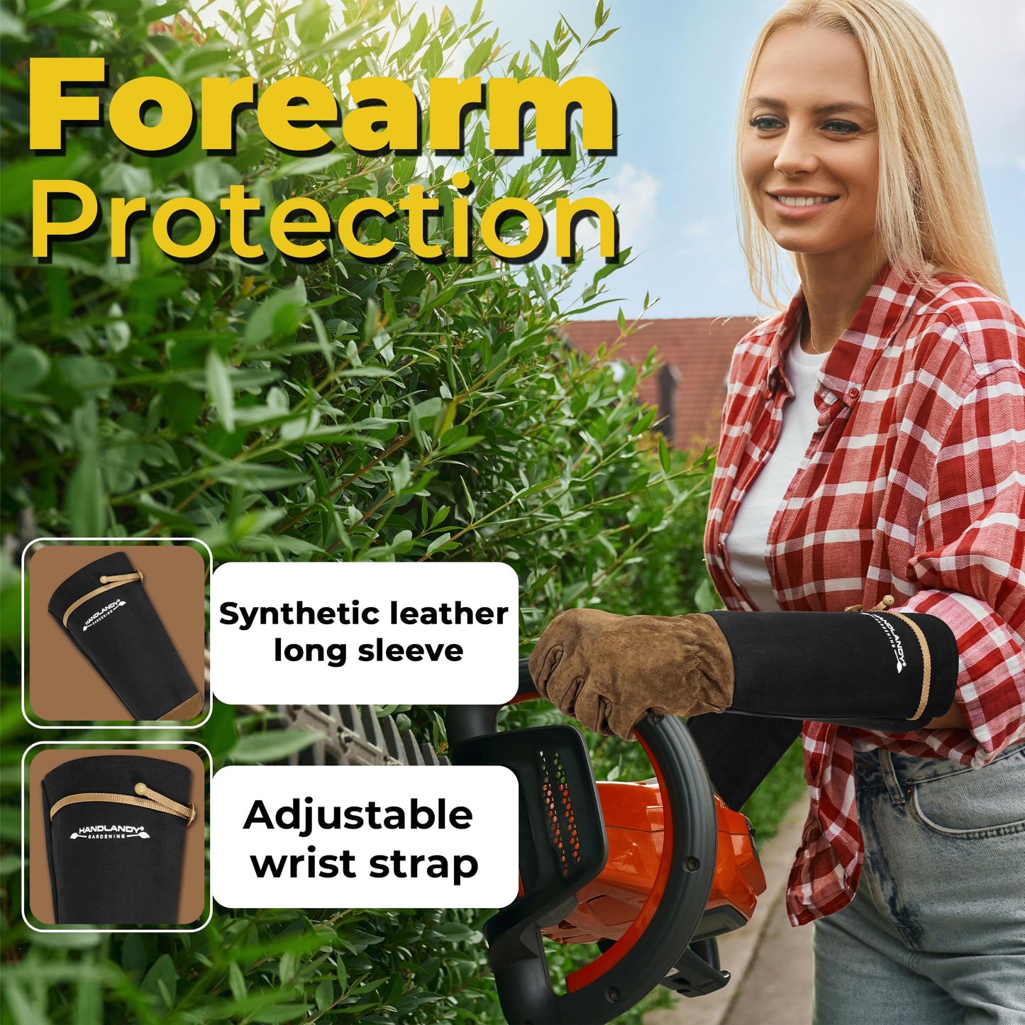 HANDLANDY Long Gardening Gloves for Men & Women, Pigskin Leather Rose Pruning Gloves, Breathable Thorn Proof Gauntlet Glove (Coffee Brown, M)