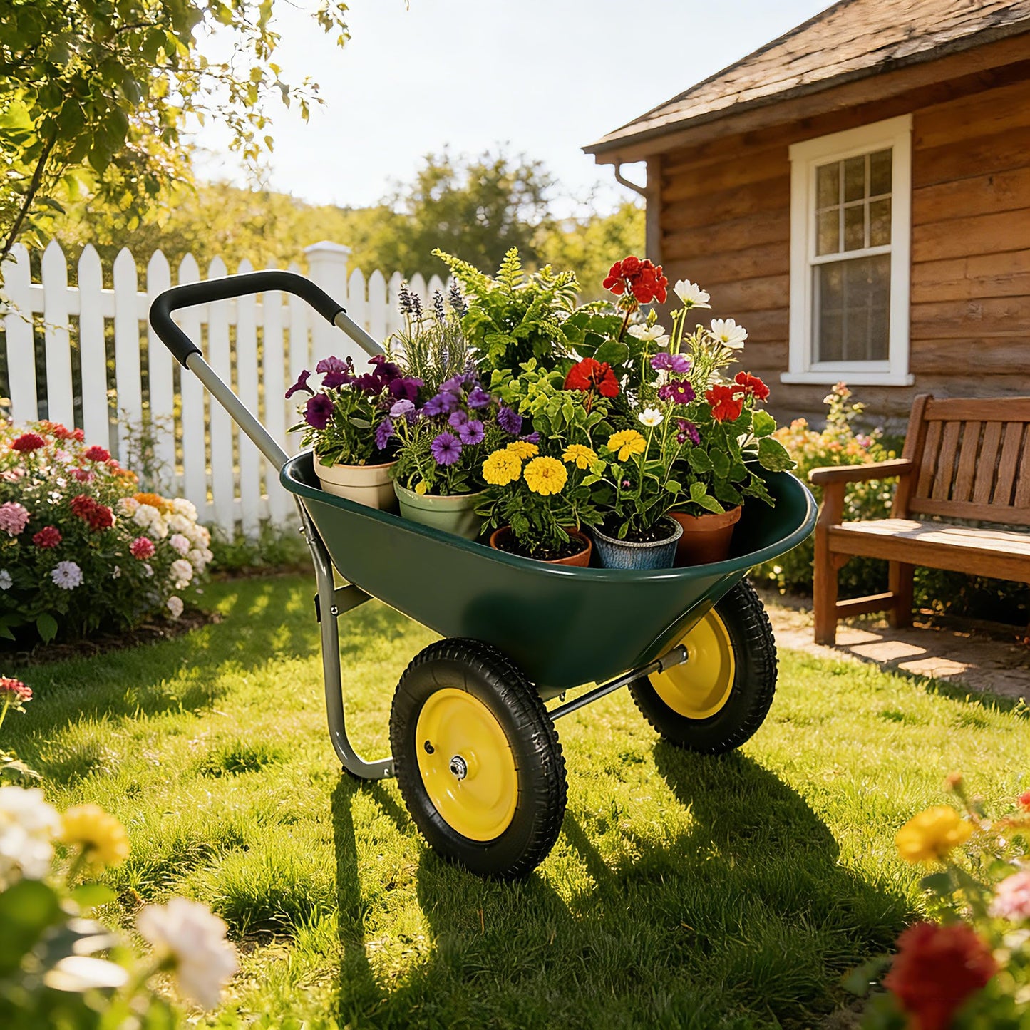 Ultym 2 Wheel Wheelbarrow, Dual-Wheel Garden Dump Cart with 13" Non-Slip Pneumatic Tires & Ergonomic Padded Handle, Heavy-Duty Home Utility Yard Cart Wagon with 4.5 Cu Ft Capacity for Lawn, Gardening