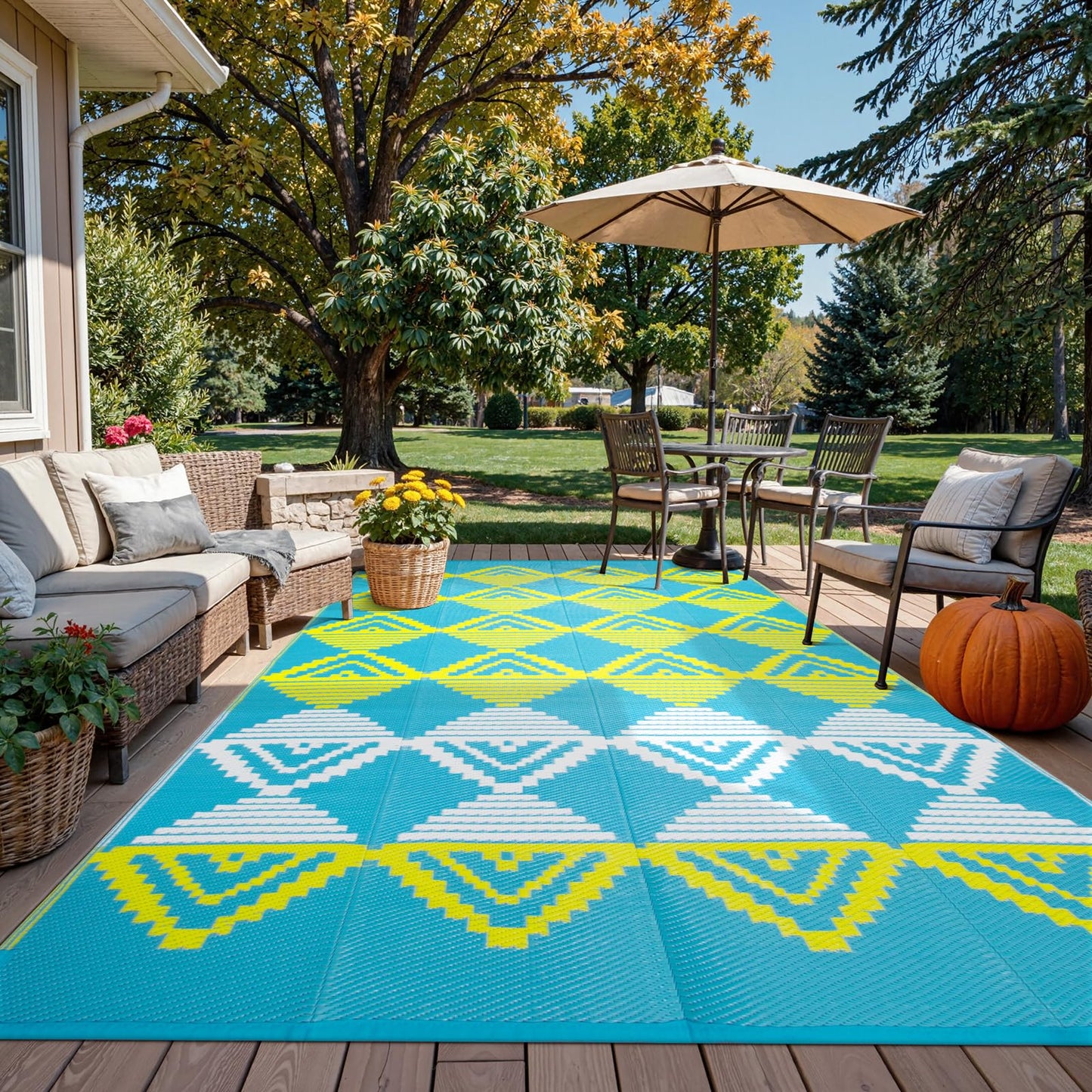 Beeiva Outdoor Rugs 8x10 Waterproof, Modern Geometric Reversible Plastic Straw Patio Mat, Large Foldable Outside Rug for Camping, Porch, Deck, Backyard, Balcony, Picnic - Blue & Yellow