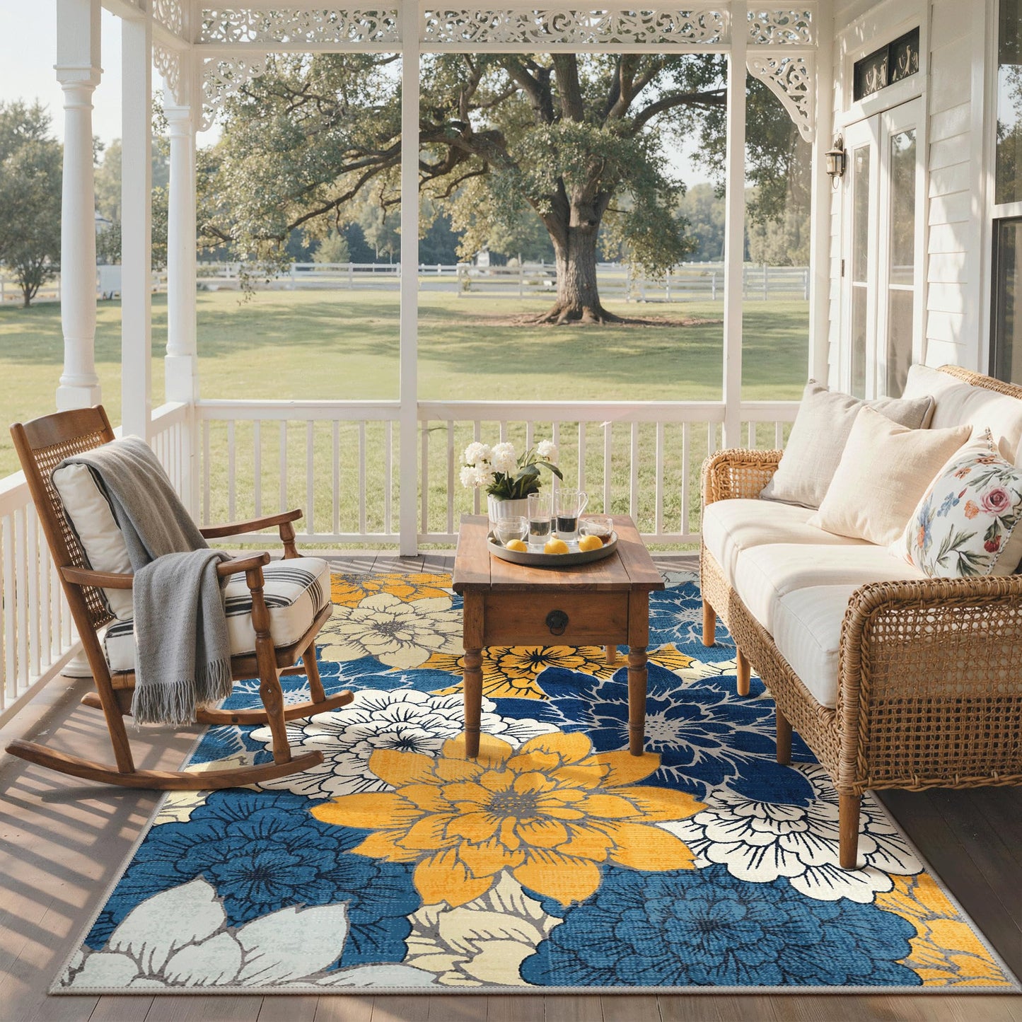 GENIMO Indoor Outdoor Area Rug 5'x8', Machine Washable Rugs for Patio, Waterproof, Non-Slip Easy Cleaning Floral Outdoor Mat Carpet for Living Room, Bedroom, RV, Balcony, Deck, Camping, Navy Blue