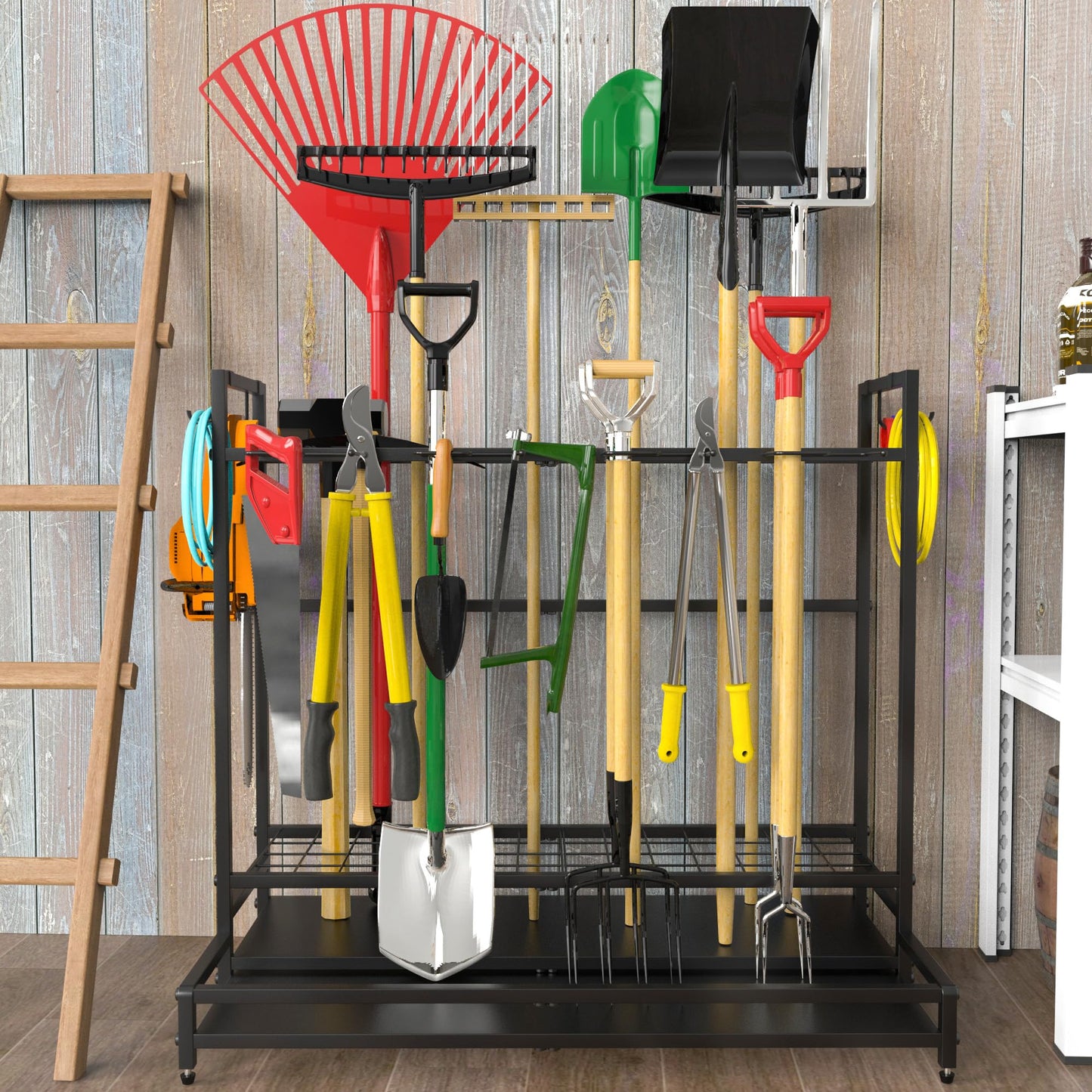 VGMiu Garden Tool Organizer for Garage, Yard Tool Rack, Holds Up to 64 Long-Handled Tools, Black Metal Garden Tools Rack Storage with Hooks for Yard Shed Garage Organization