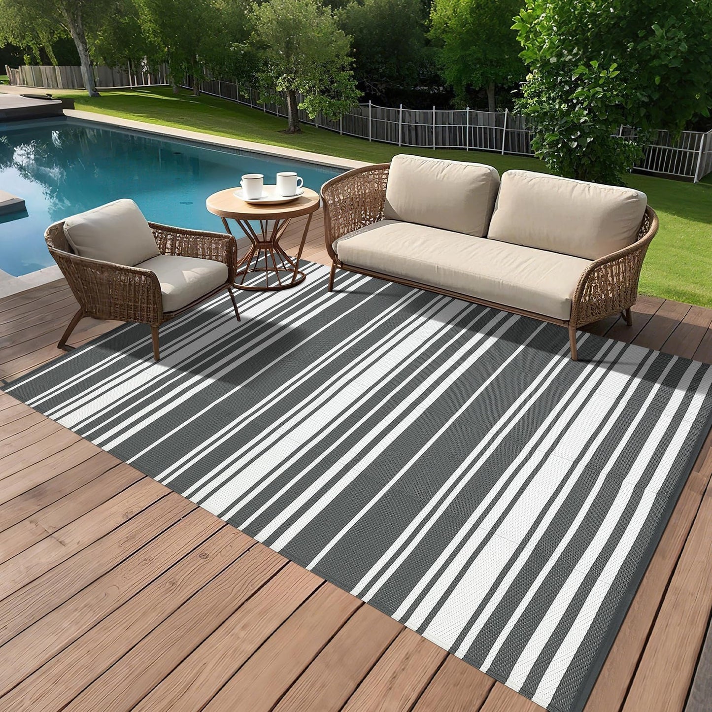 Jojoka Modern Outdoor Rug Reversible Plastic Straw Rug, Geometric Lines Pattern, UV-Resistant Portable Camping Carpet for Patio, RV, Deck, Trailer & Poolside
